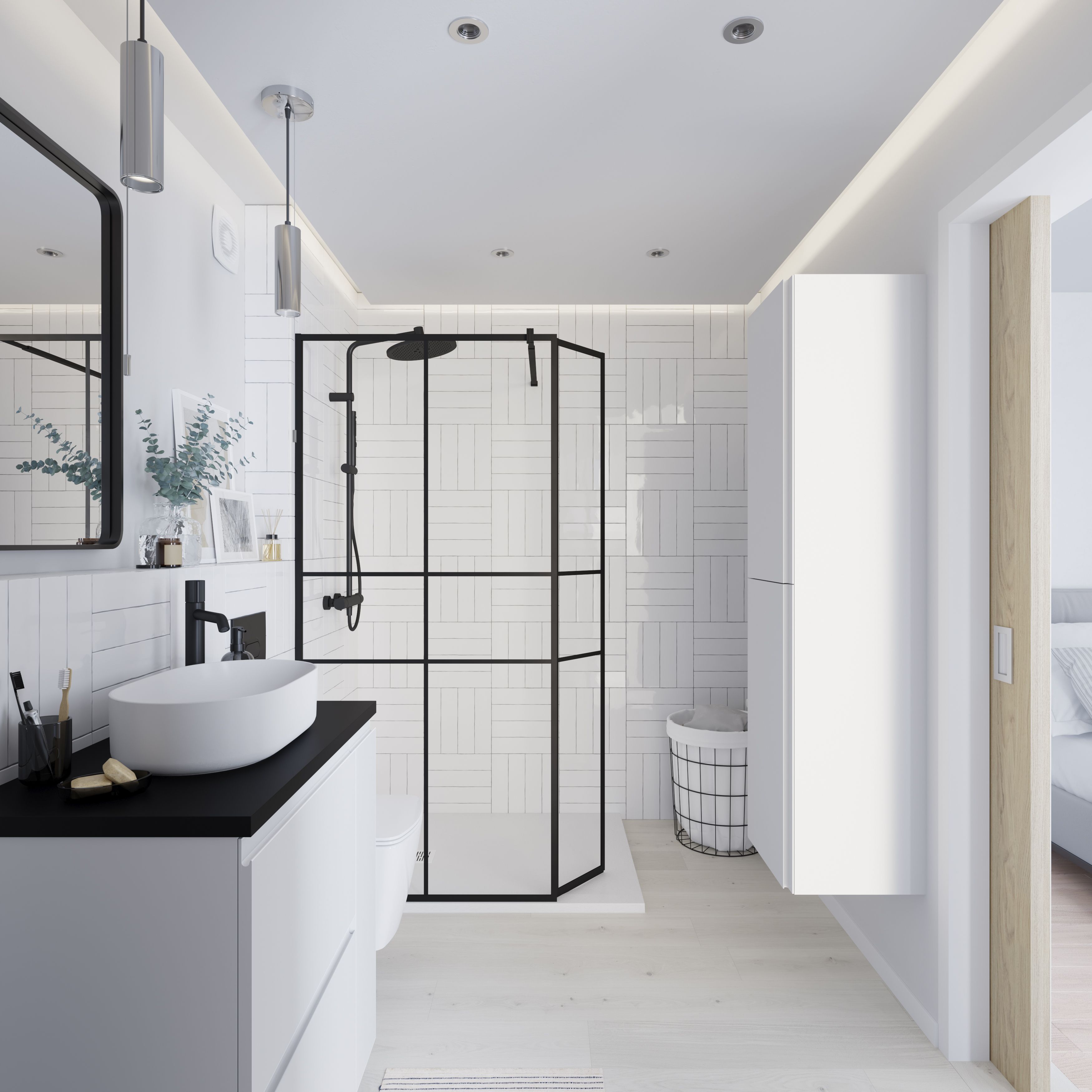 GoodHome Ahti Matt Black Textured Minimal frame Walk-in Wet room glass screen Printed with aluminium grid (H)195cm (W)119cm