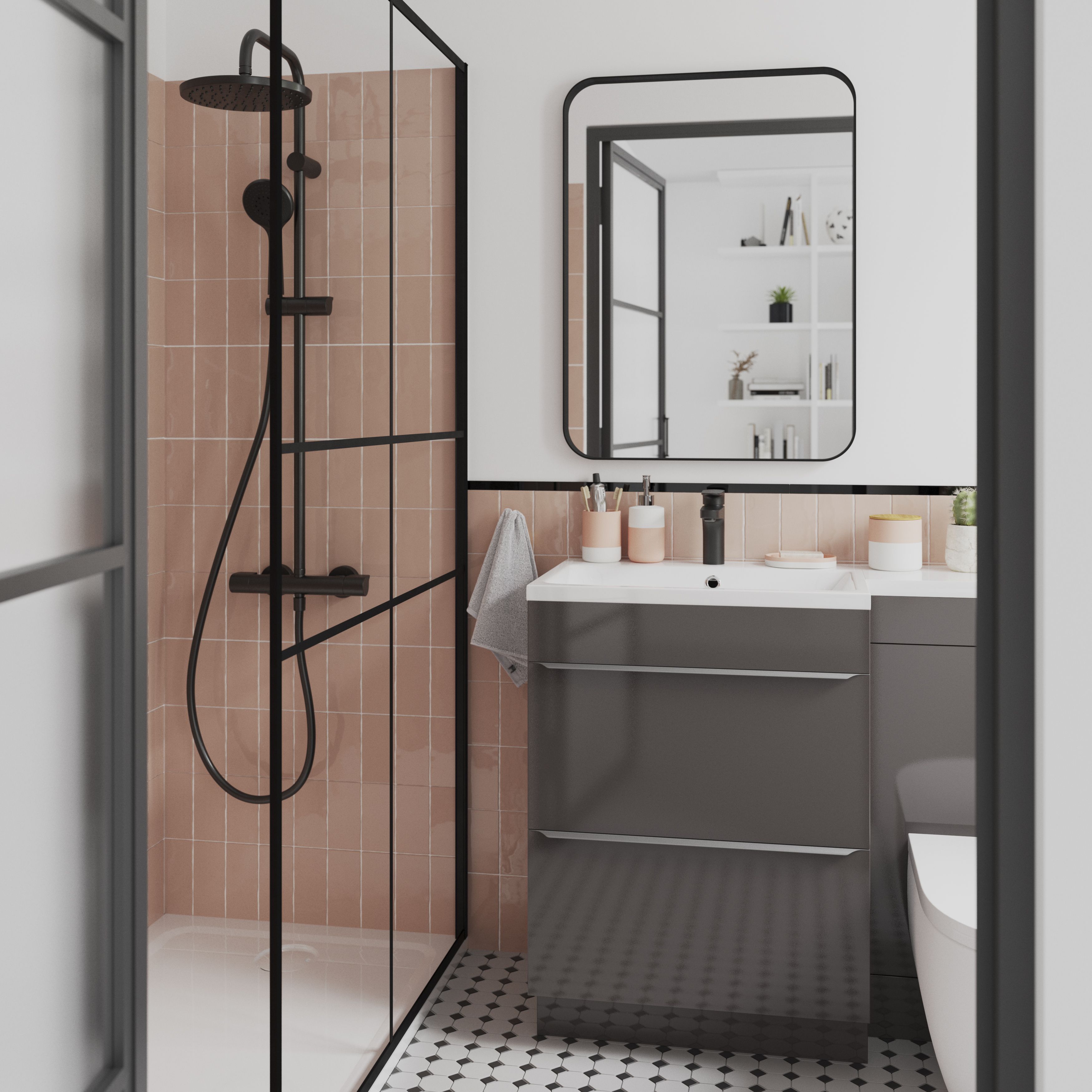 GoodHome Ahti Matt Black Textured Minimal frame Walk-in Wet room glass screen Printed with aluminium grid (H)195cm (W)120cm - 7