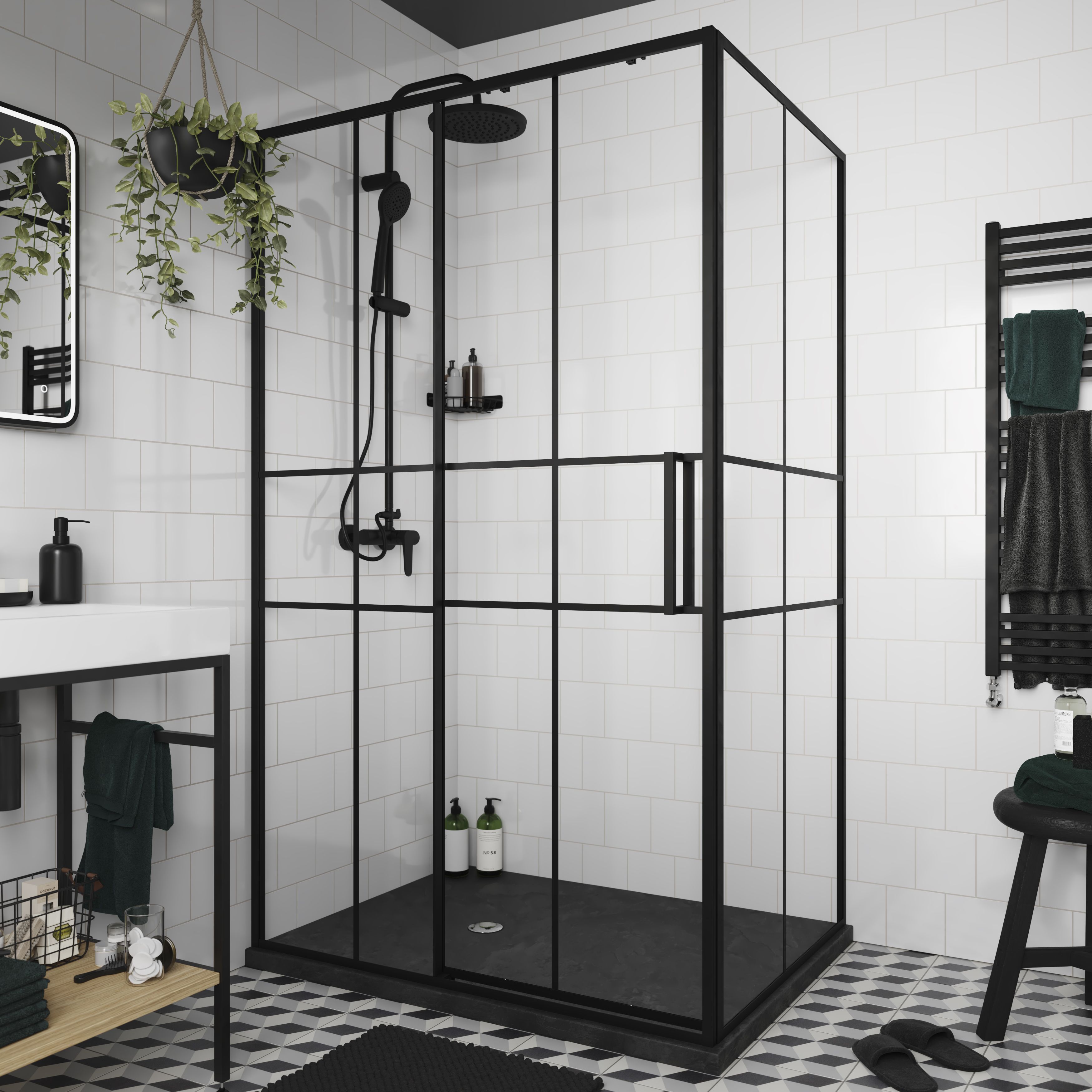 GoodHome Ahti Minimal frame Black Clear Printed glass with aluminium grid Sliding Shower door (H)195cm (W)120cm