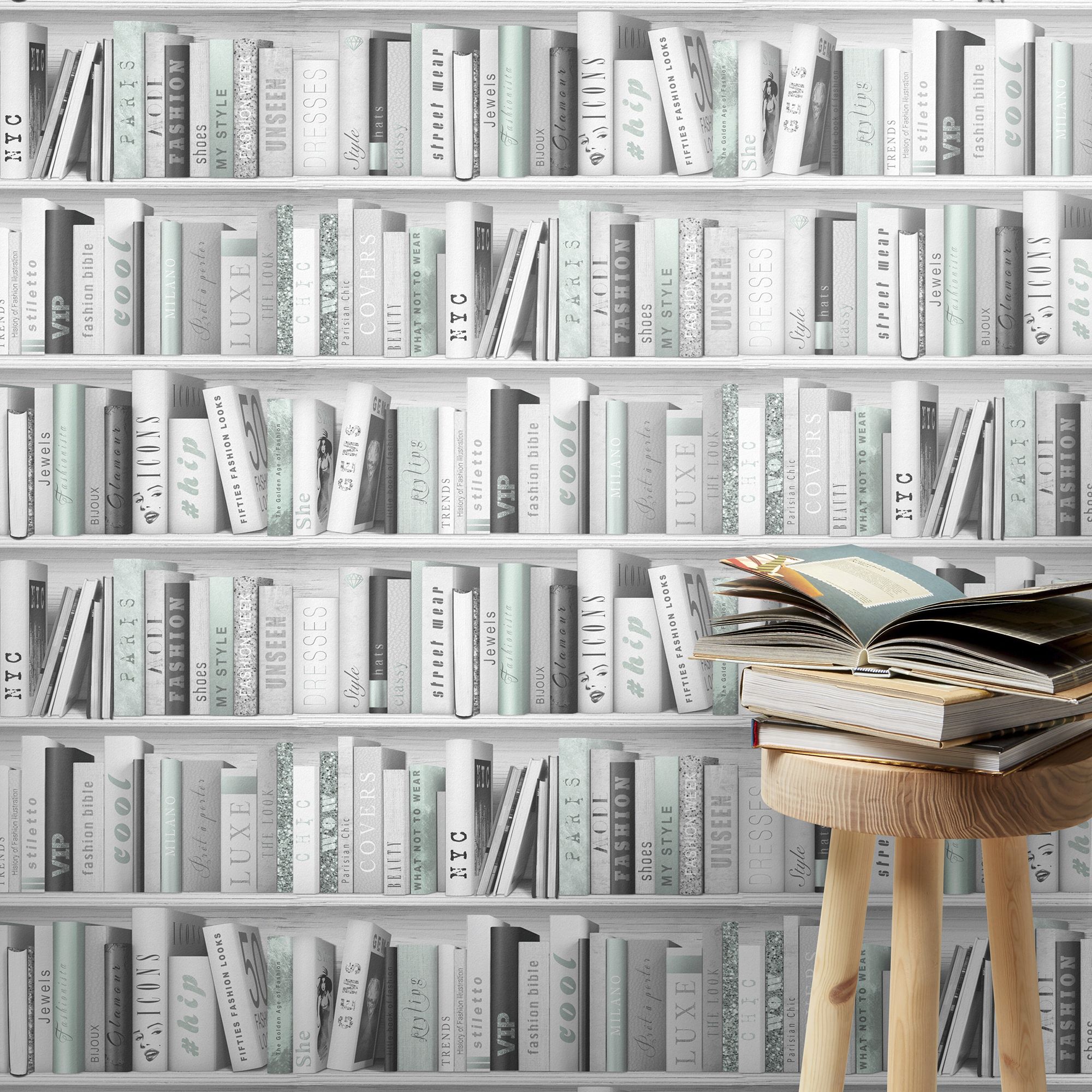 GoodHome Ajacis Green Glitter effect Bookcase Smooth Wallpaper