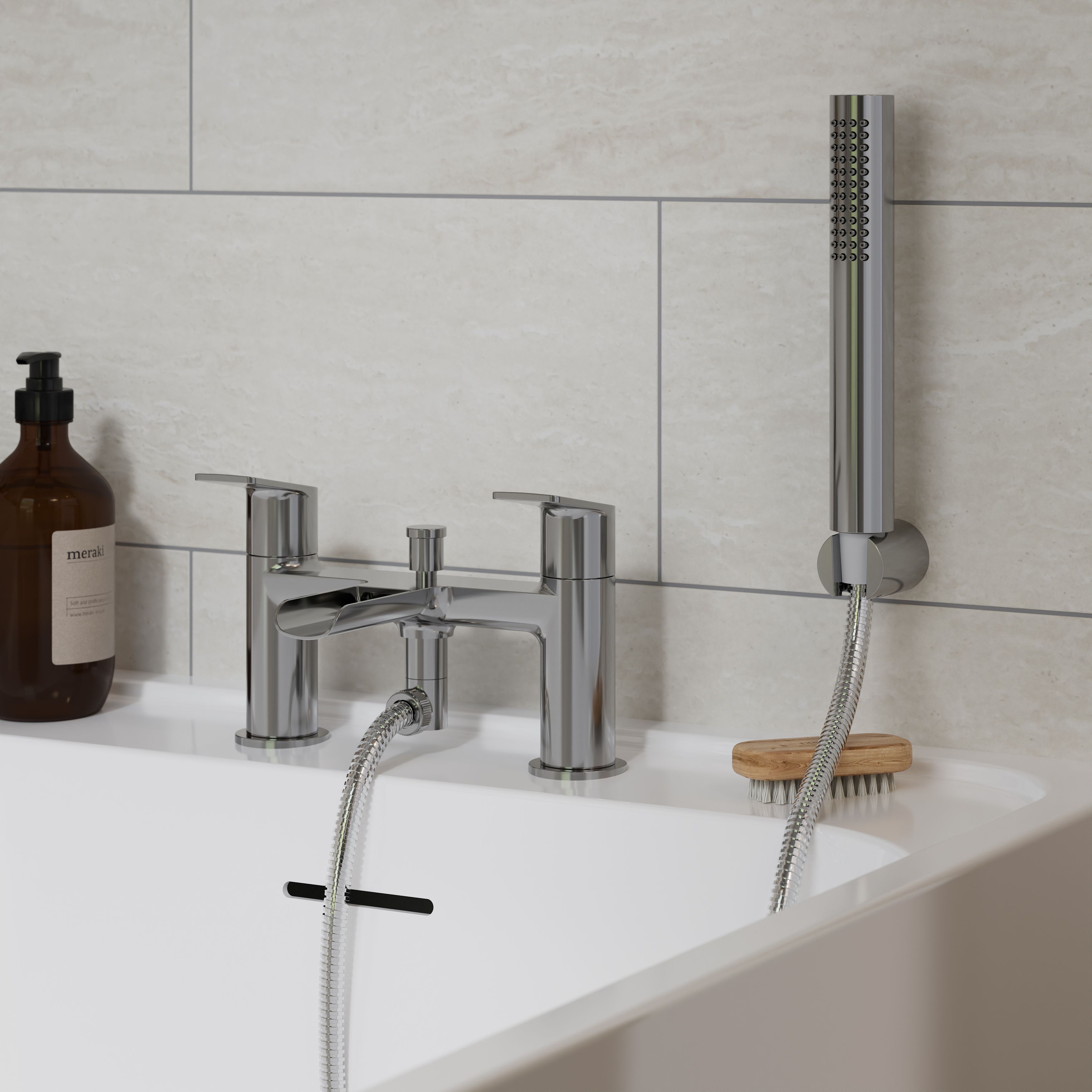 GoodHome Ajeeta Gloss Chrome effect Ceramic Deck-mounted Double Bath shower mixer tap with shower kit - 8
