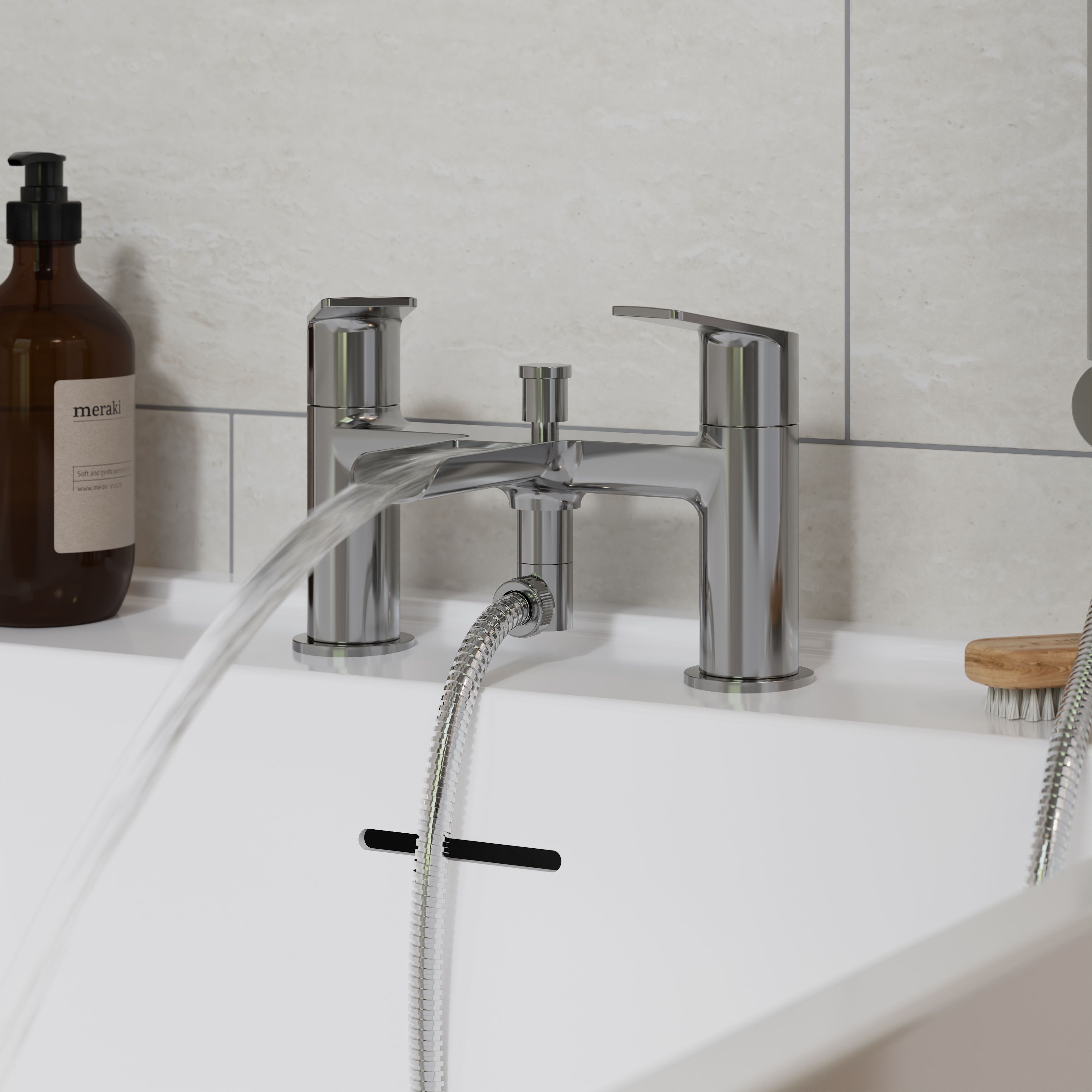 GoodHome Ajeeta Gloss Chrome effect Ceramic Deck-mounted Double Bath shower mixer tap with shower kit - 7