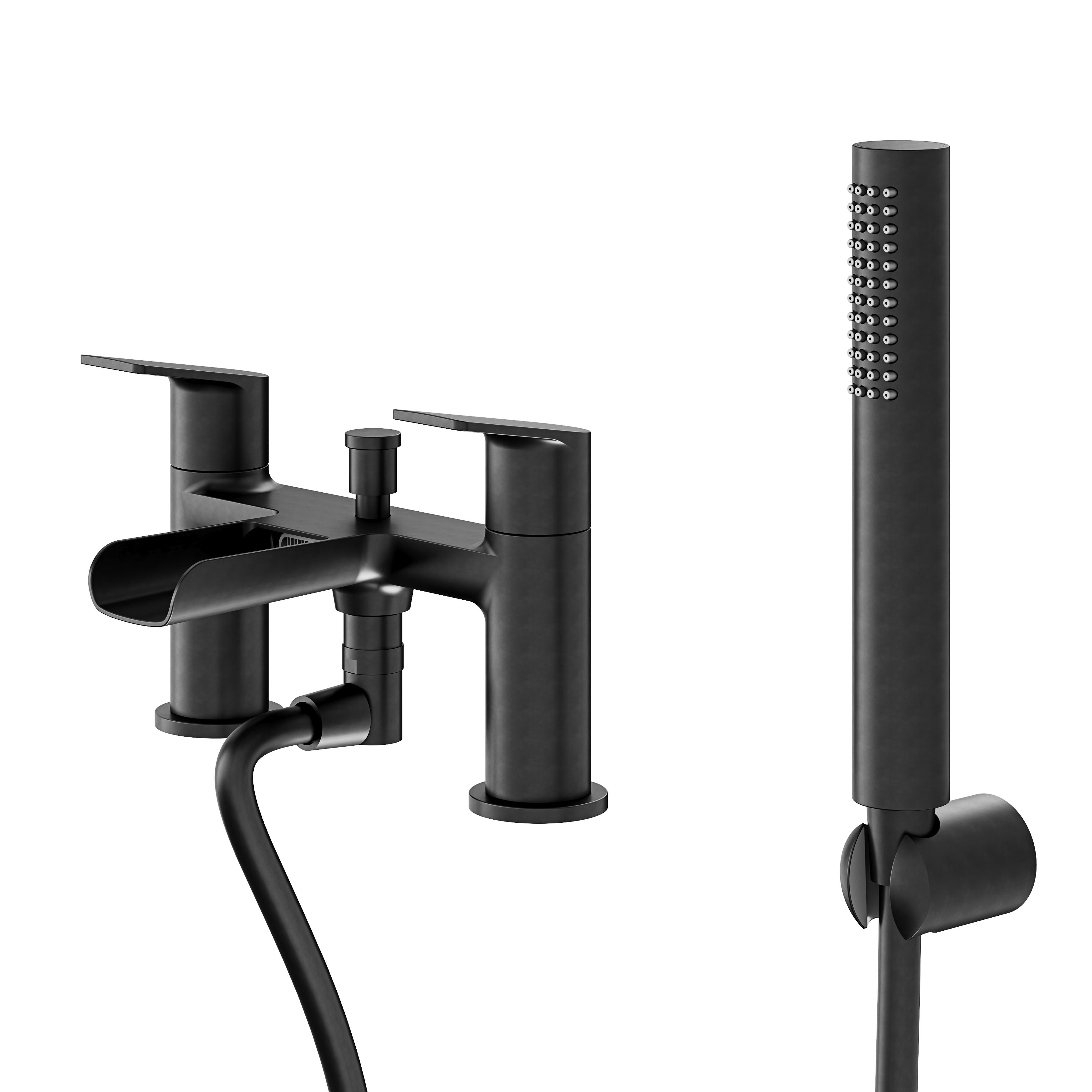 GoodHome Ajeeta Matt Black Ceramic Deck-mounted Double Bath shower mixer tap with shower kit