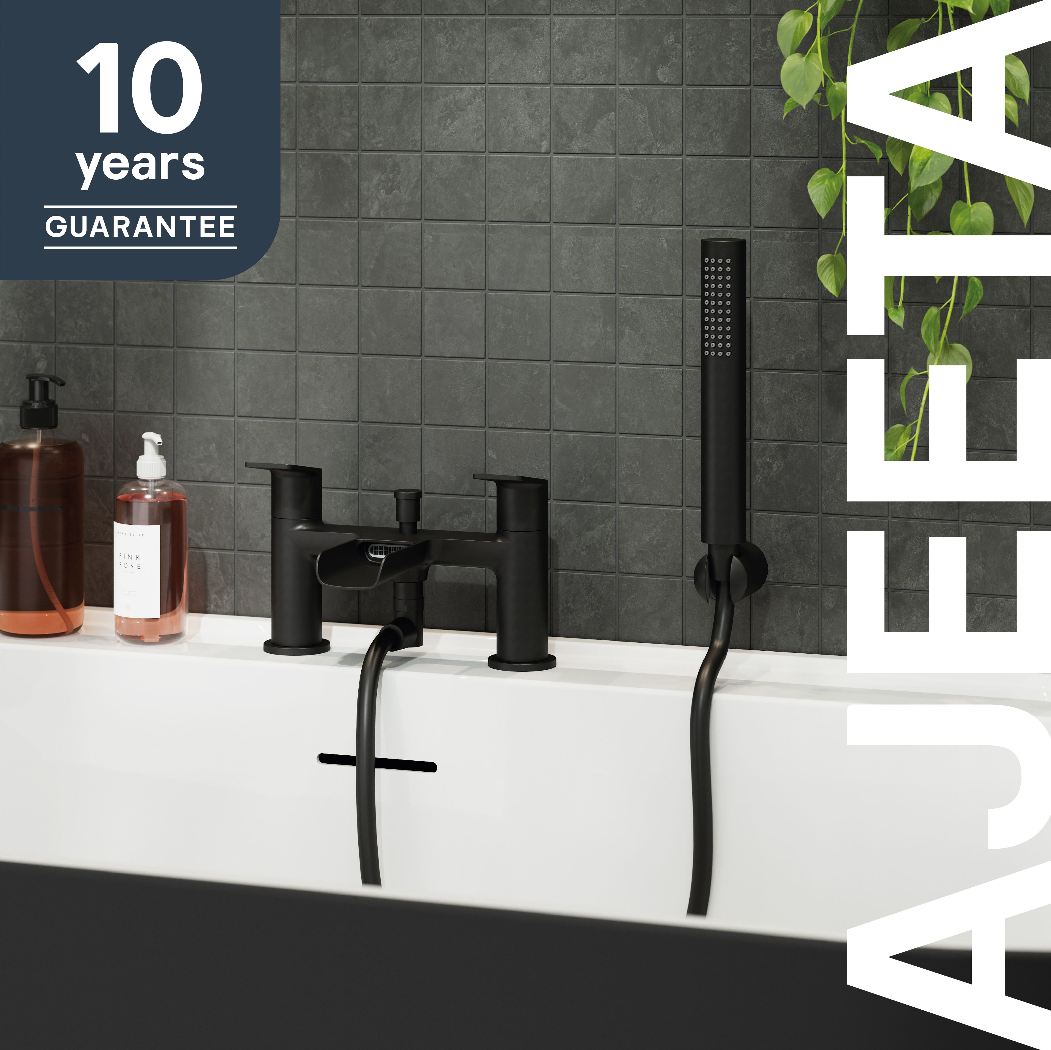 GoodHome Ajeeta Matt Black Ceramic Deck-mounted Double Bath shower mixer tap with shower kit - 10