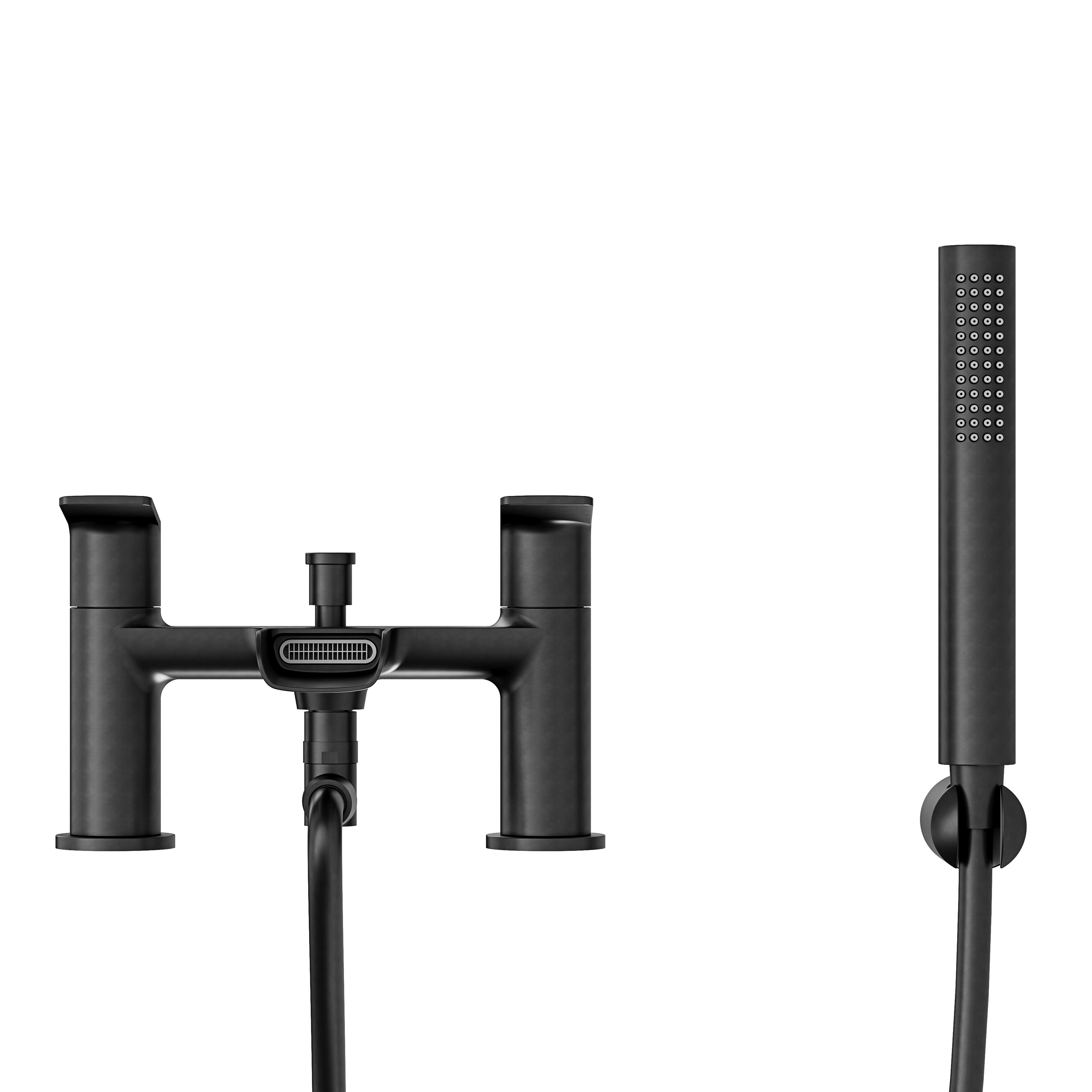 GoodHome Ajeeta Matt Black Ceramic Deck-mounted Double Bath shower mixer tap with shower kit