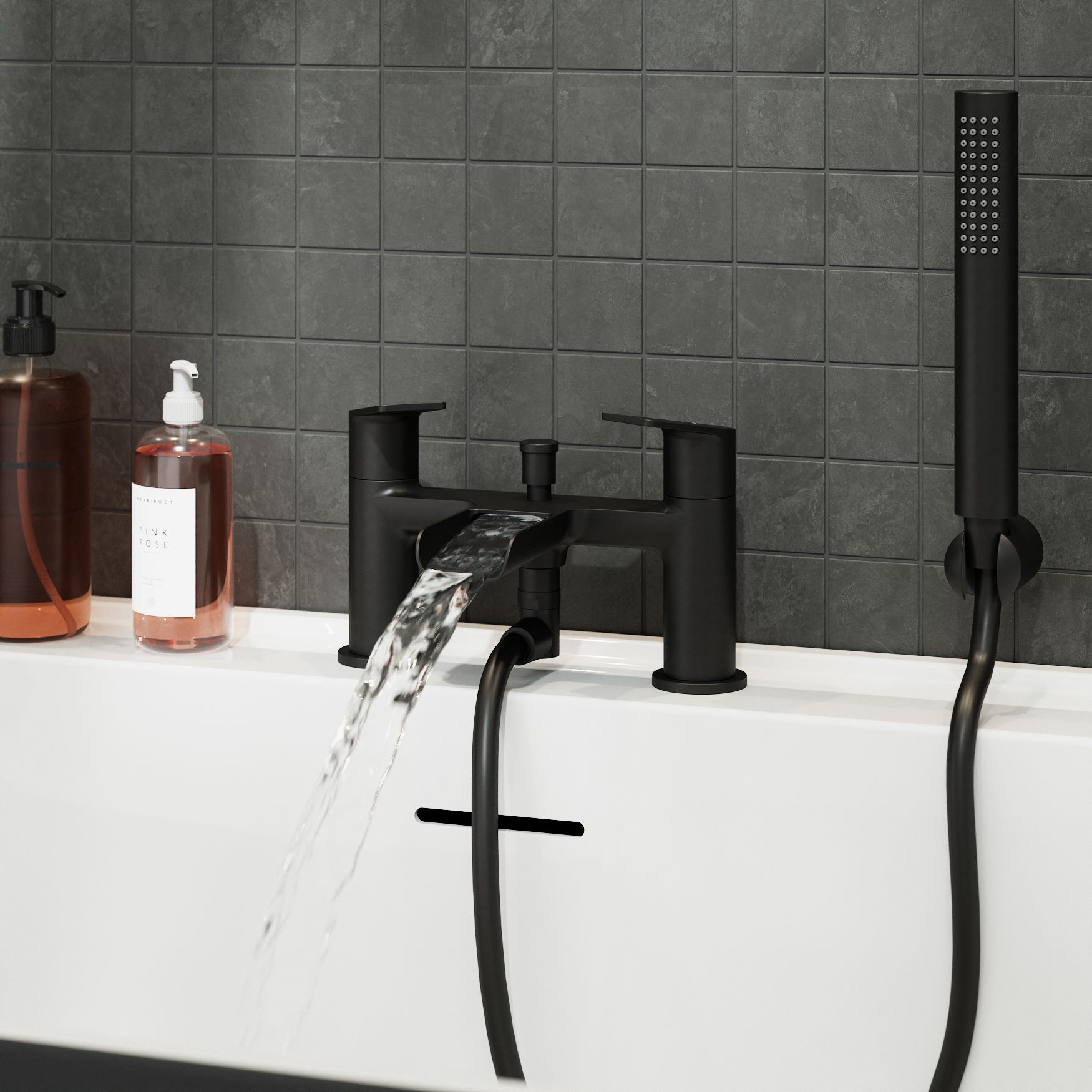 GoodHome Ajeeta Matt Black Ceramic Deck-mounted Double Bath shower mixer tap with shower kit - 7