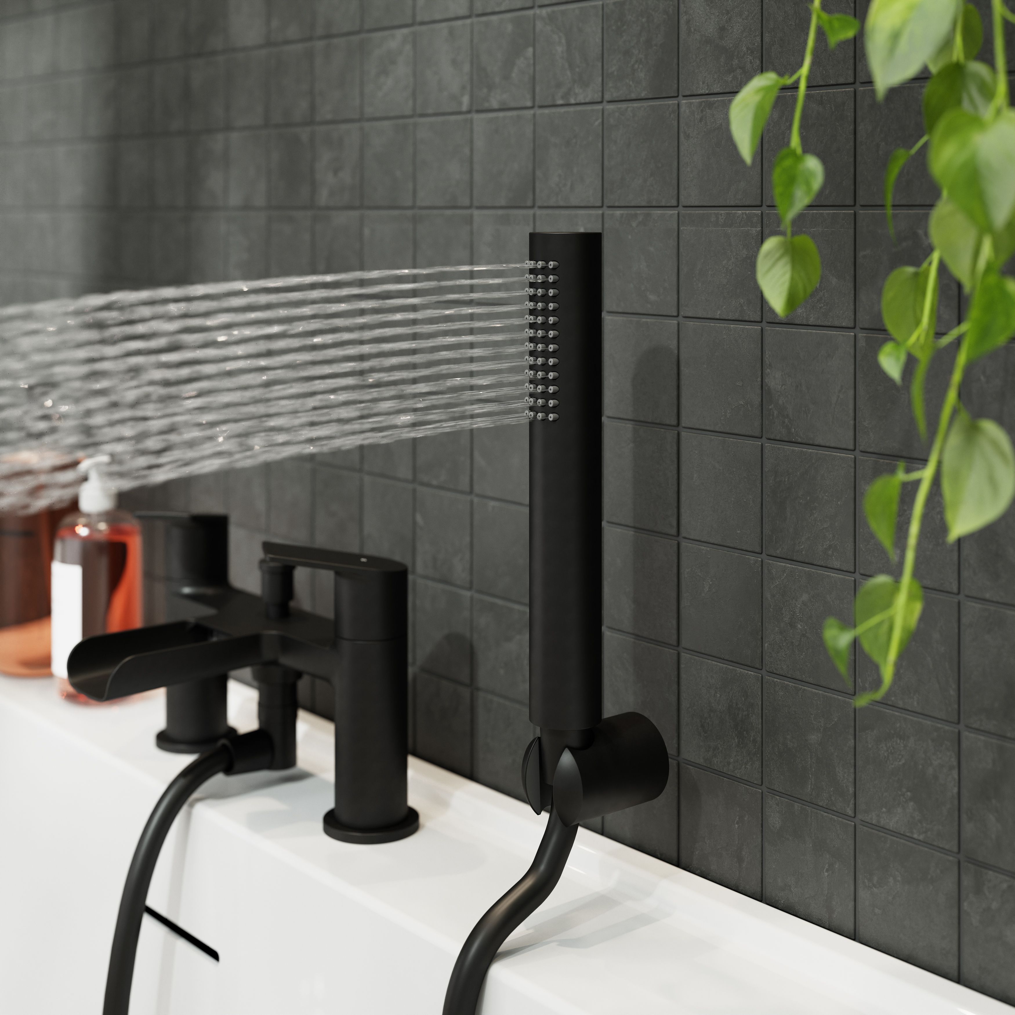 GoodHome Ajeeta Matt Black Ceramic Deck-mounted Double Bath shower mixer tap with shower kit - 8