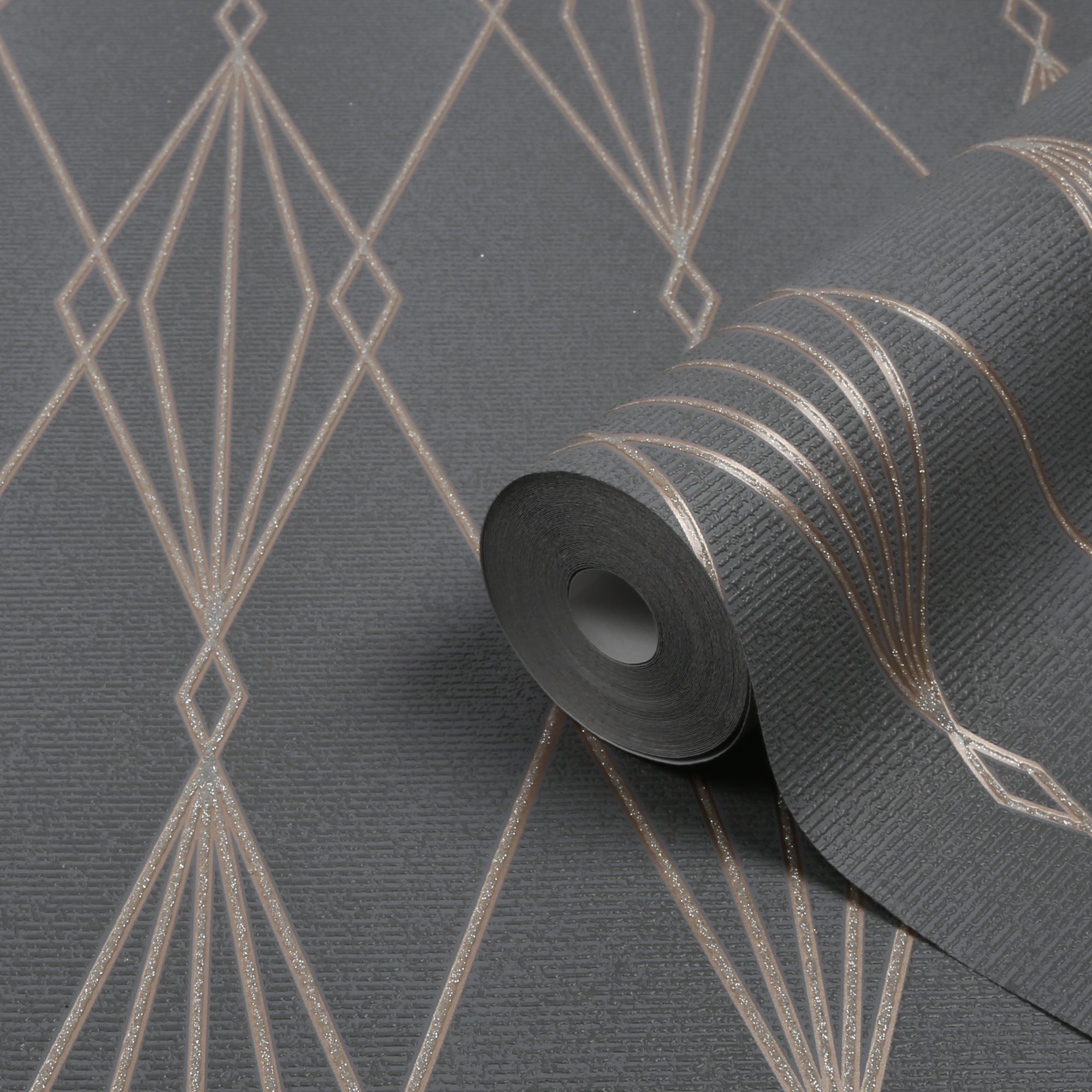 GoodHome Ajuga Charcoal Art deco Rose gold effect Retro Textured Wallpaper