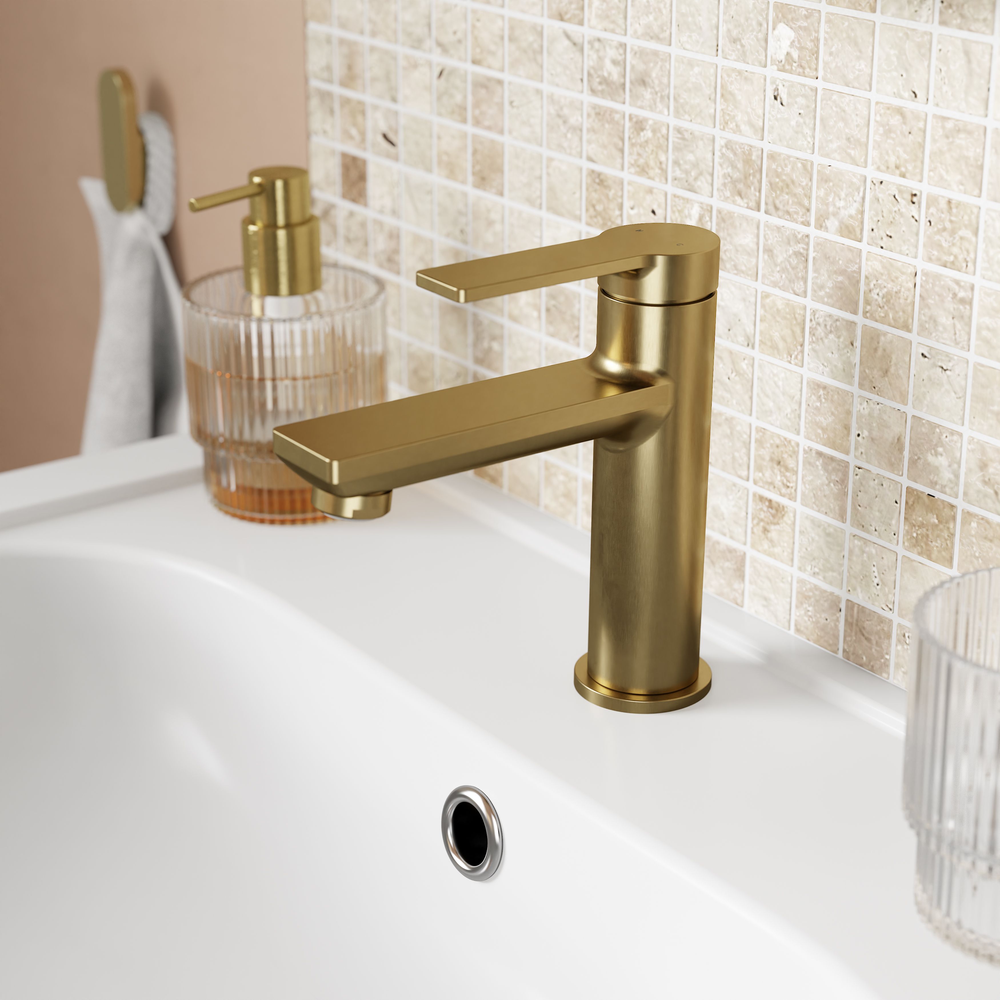 GoodHome Akita Medium Satin Brass effect Round Manual Basin Mixer Tap - 10