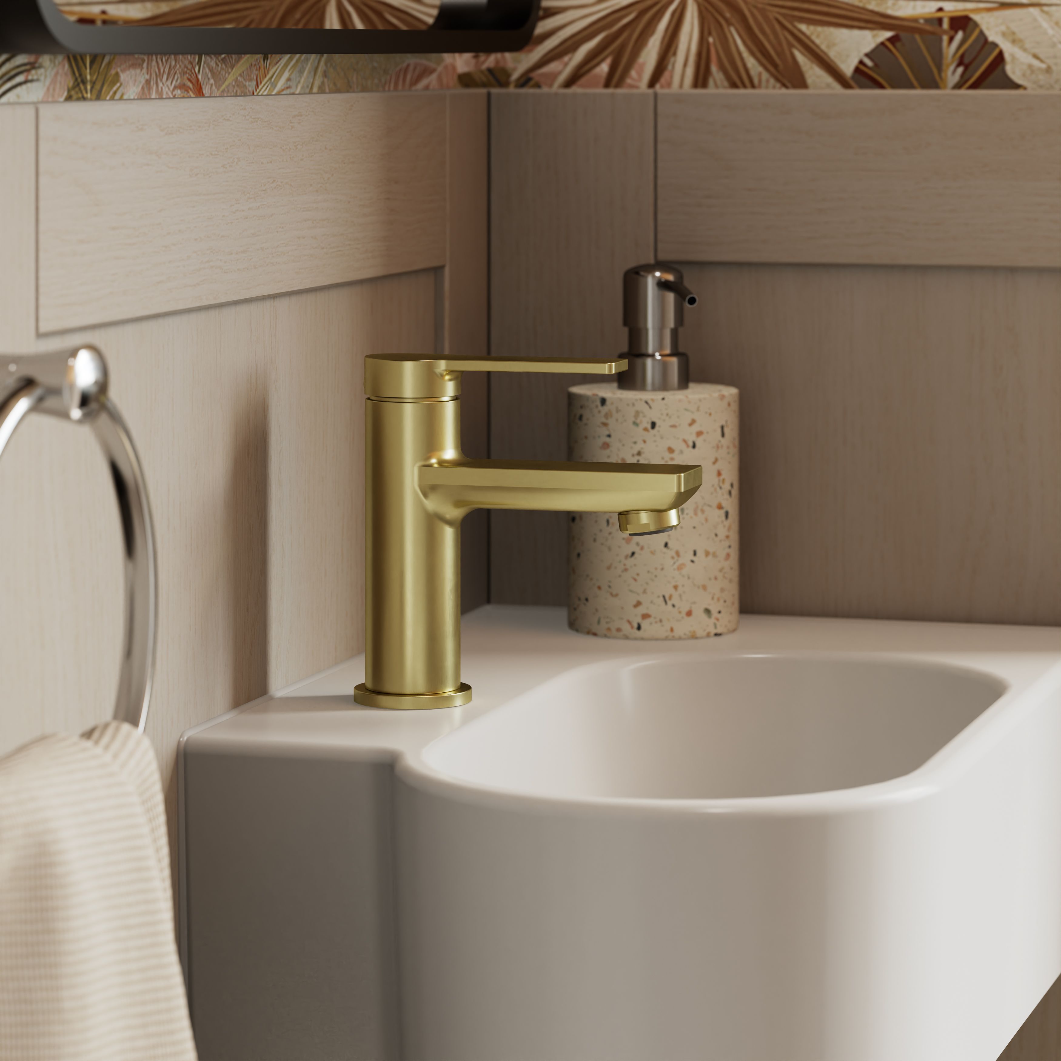 GoodHome Akita Mini Satin Brass effect Round Basin Mixer Tap