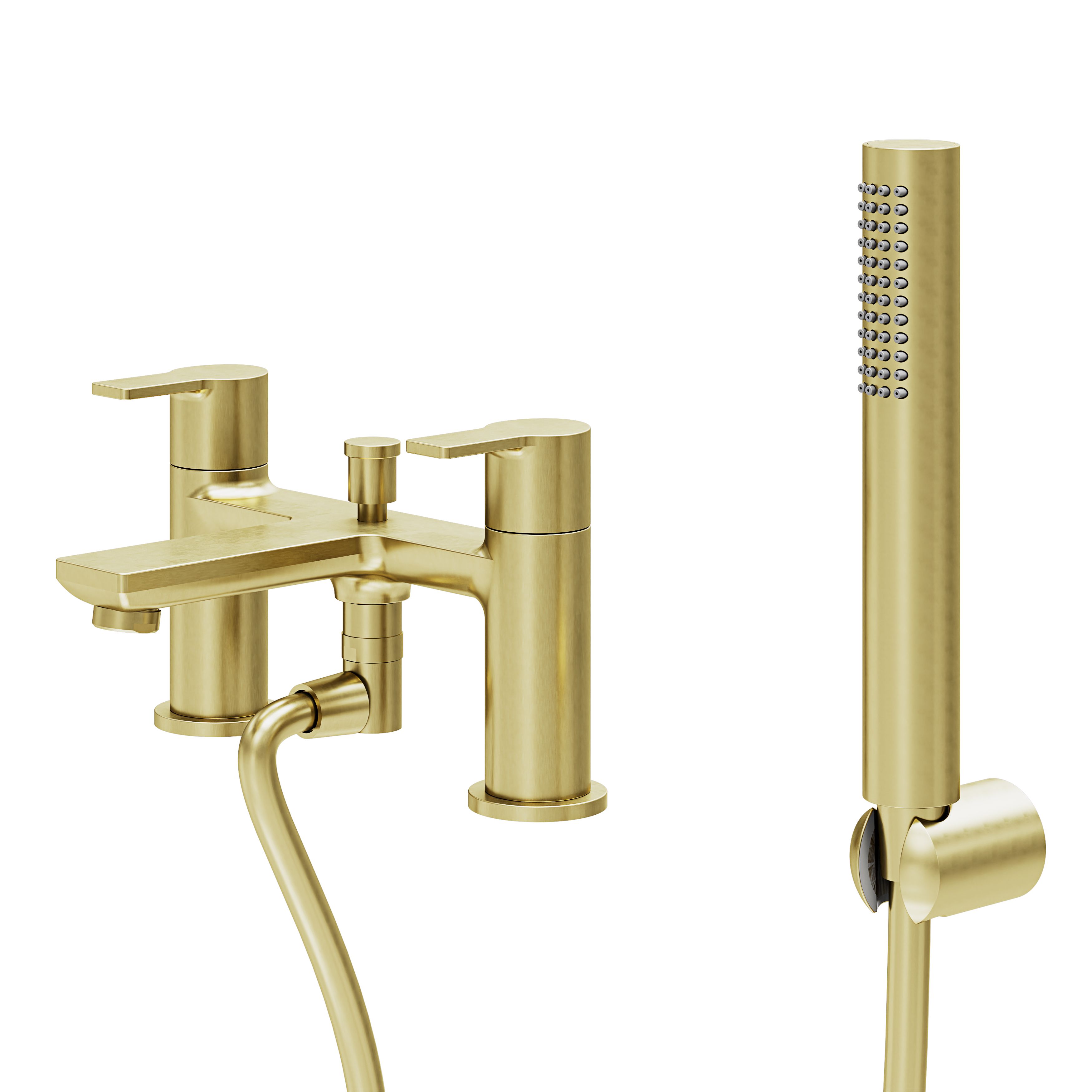 GoodHome Akita Satin Brass effect Ceramic Deck-mounted Double Bath shower mixer tap with shower kit