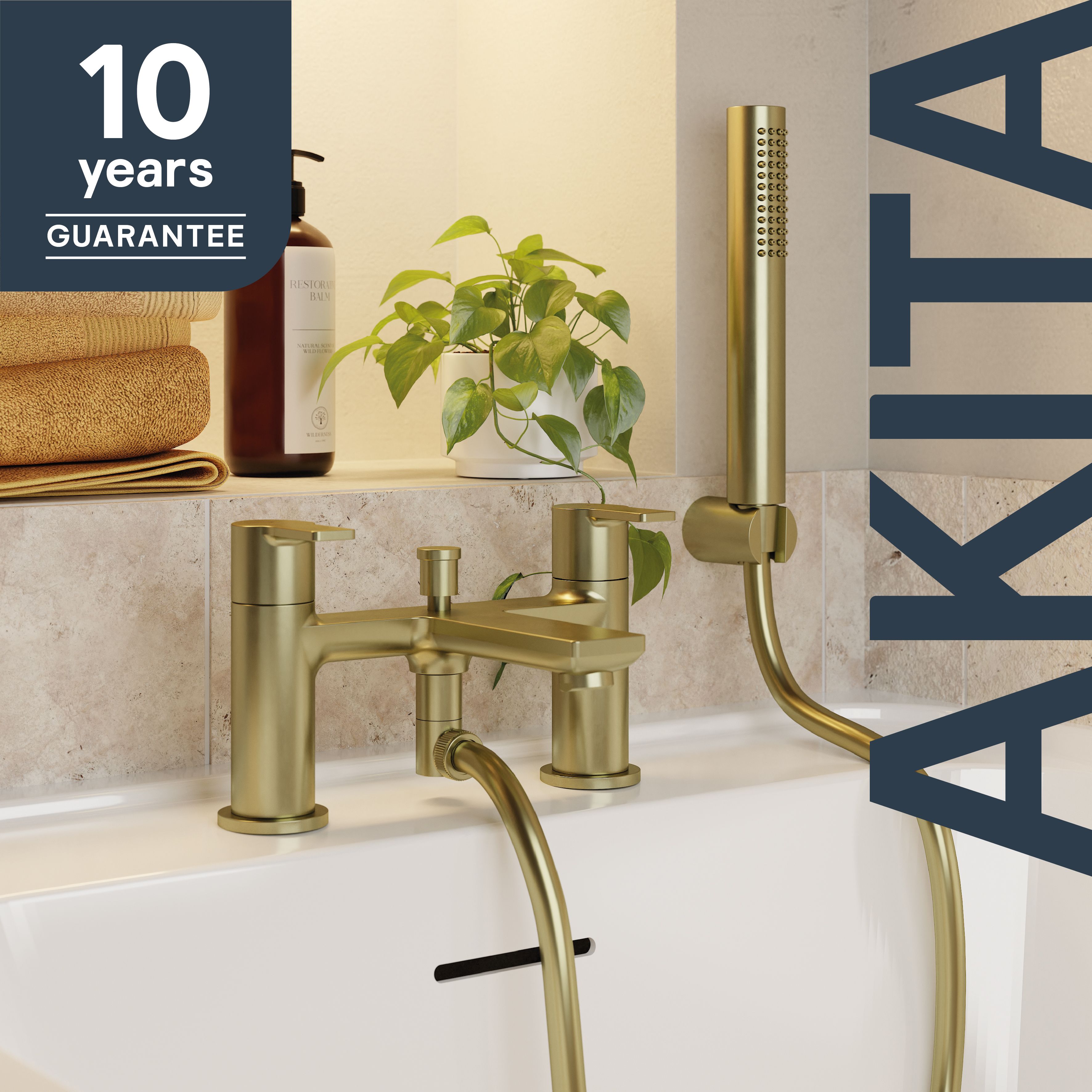 GoodHome Akita Satin Brass effect Ceramic Deck-mounted Double Bath shower mixer tap with shower kit - 10