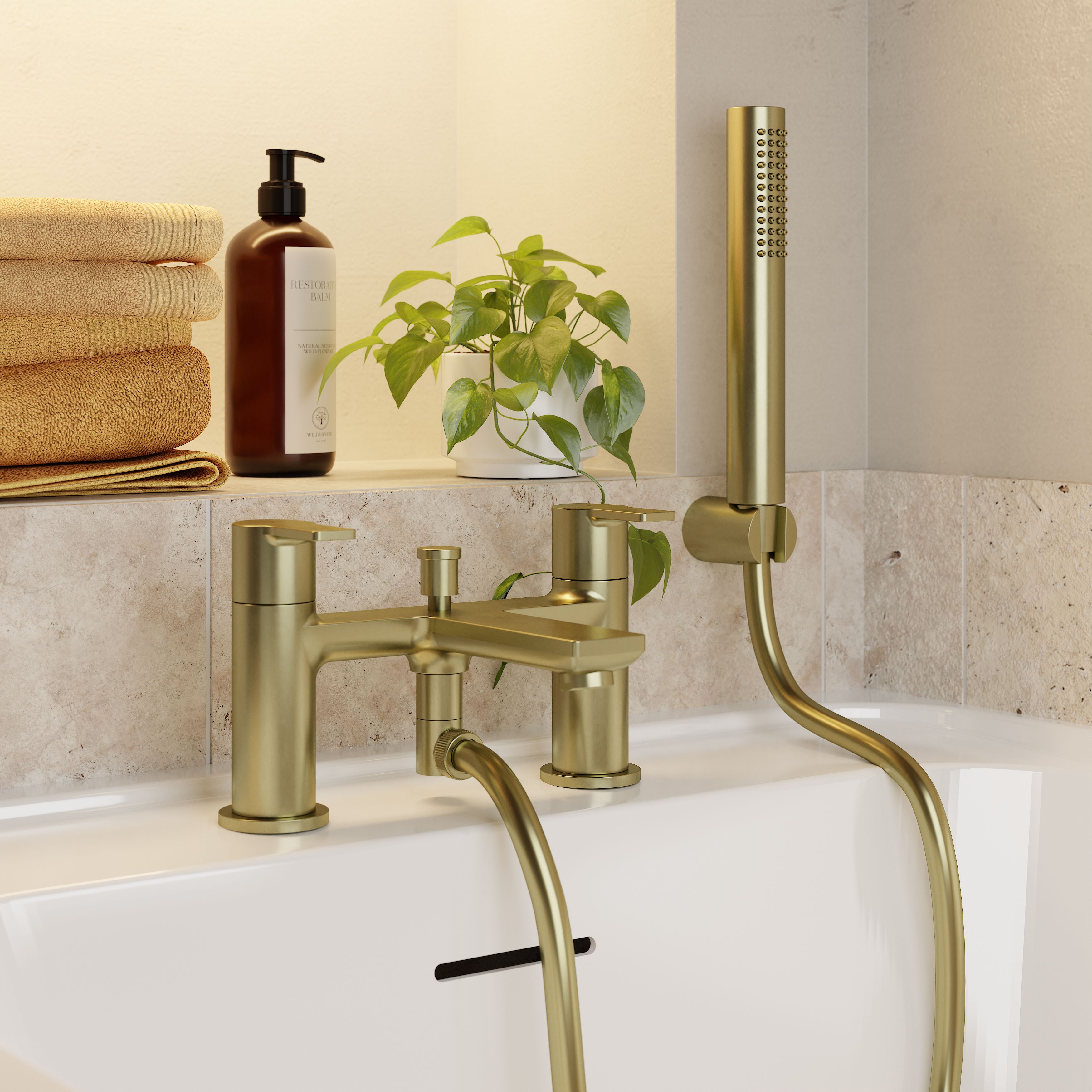 GoodHome Akita Satin Brass effect Ceramic Deck-mounted Double Bath shower mixer tap with shower kit - 9