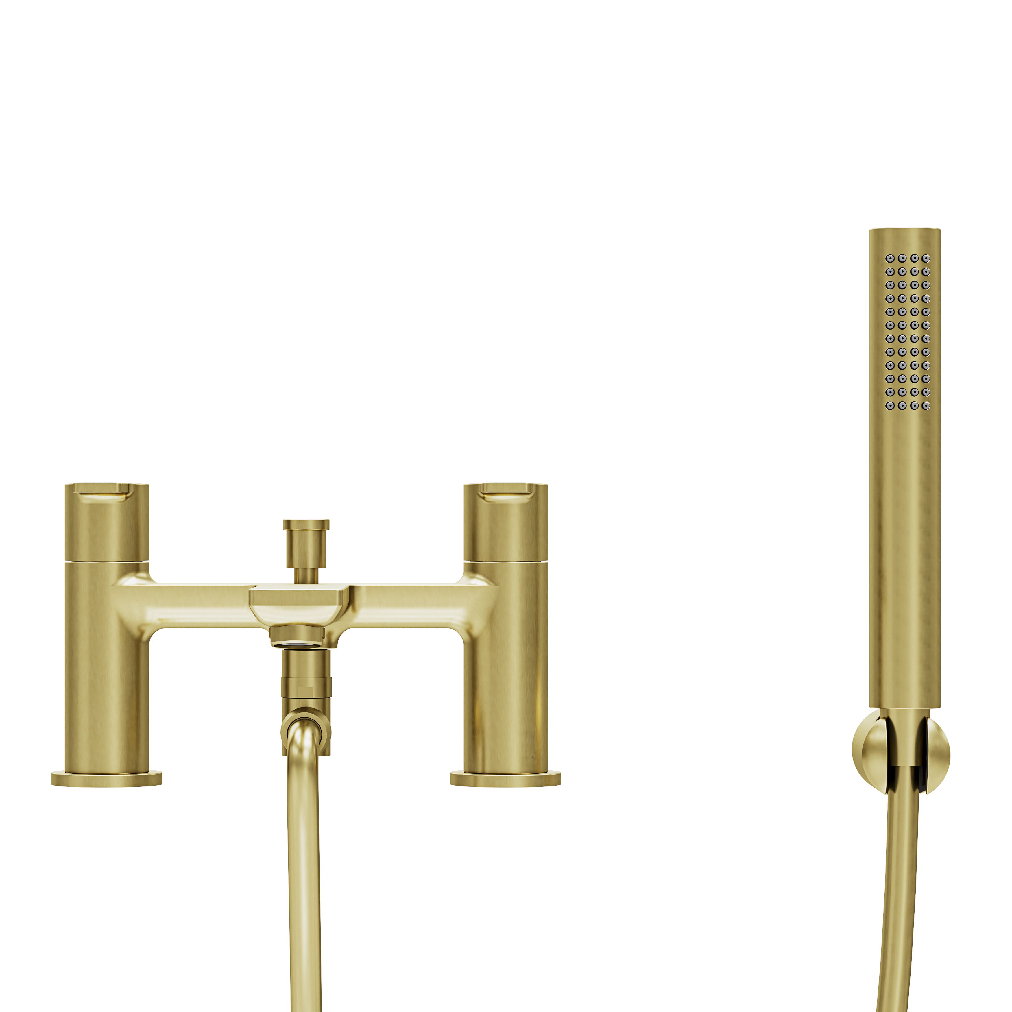 GoodHome Akita Satin Brass effect Ceramic Deck-mounted Double Bath shower mixer tap with shower kit