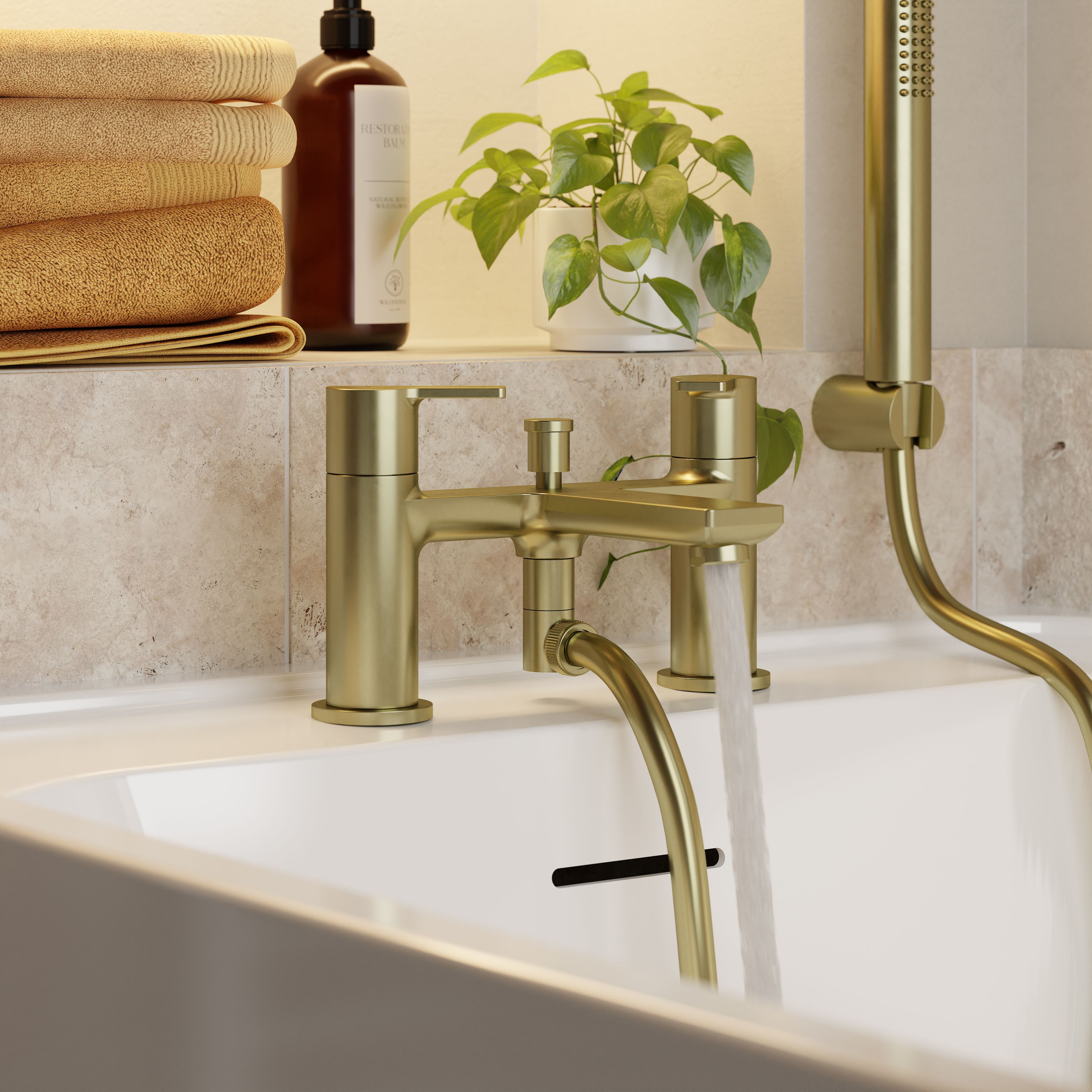 GoodHome Akita Satin Brass effect Ceramic Deck-mounted Double Bath shower mixer tap with shower kit - 7