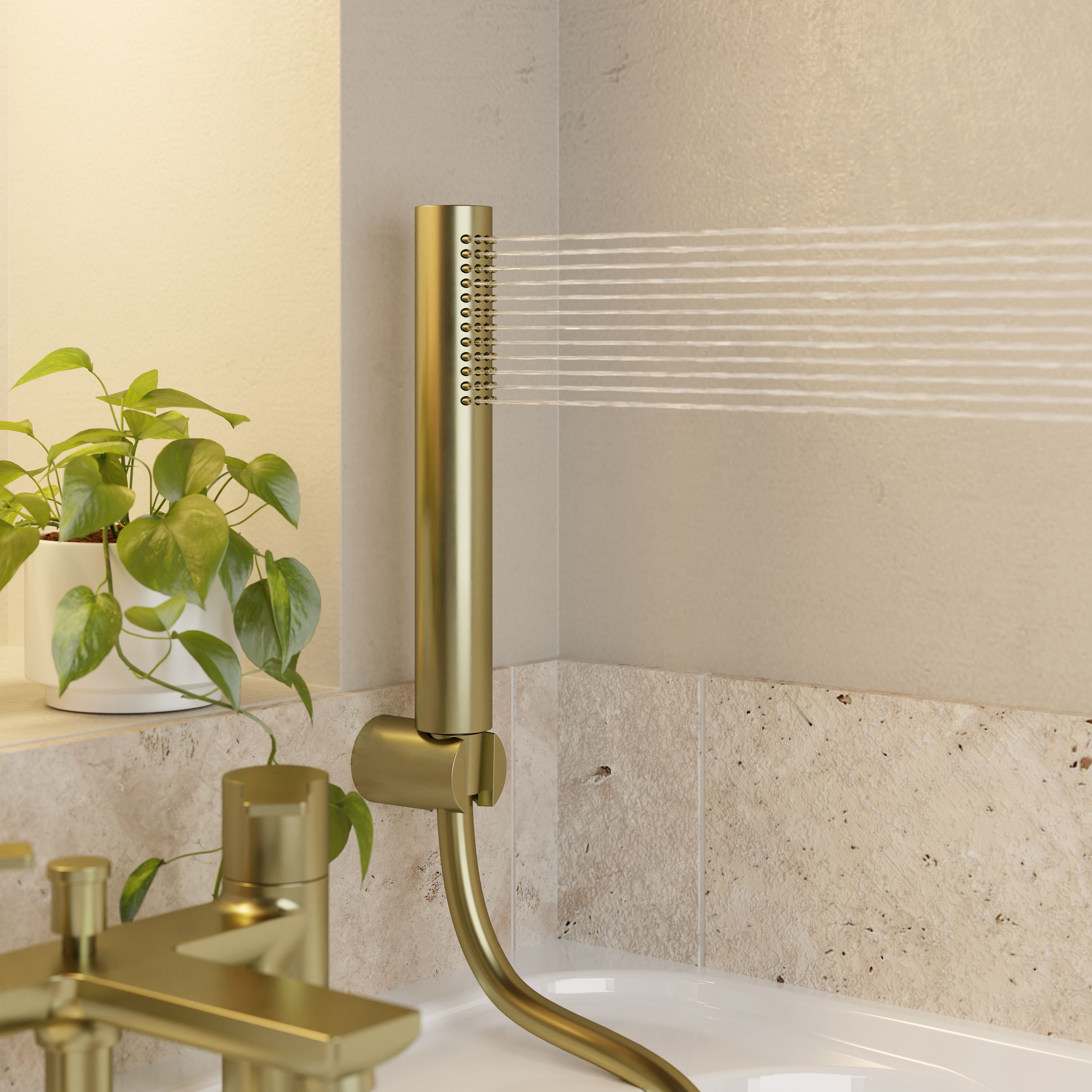 GoodHome Akita Satin Brass effect Ceramic Deck-mounted Double Bath shower mixer tap with shower kit - 8