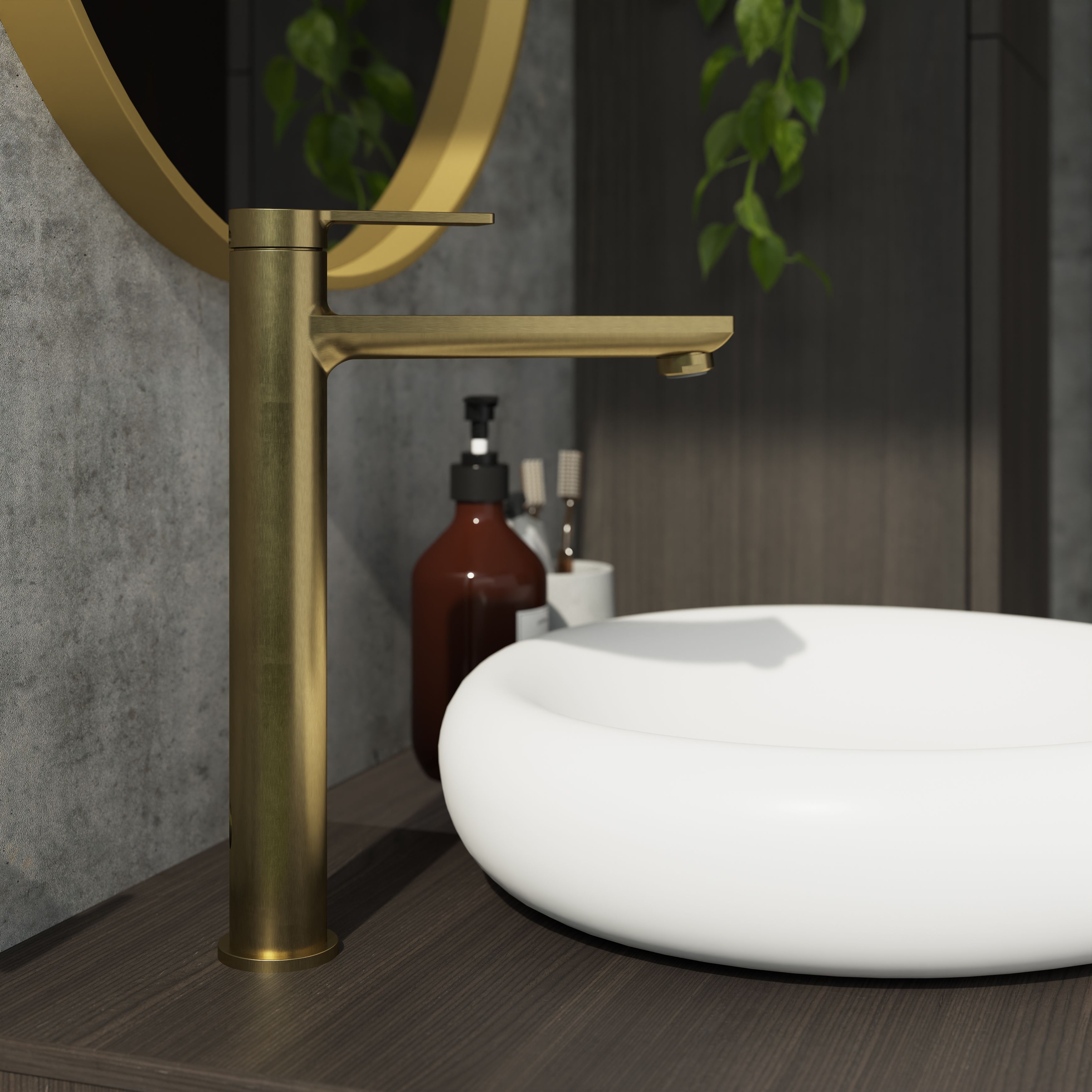 GoodHome Akita Tall Satin Brass effect Round Deck-mounted Manual Basin Mixer Tap - 8