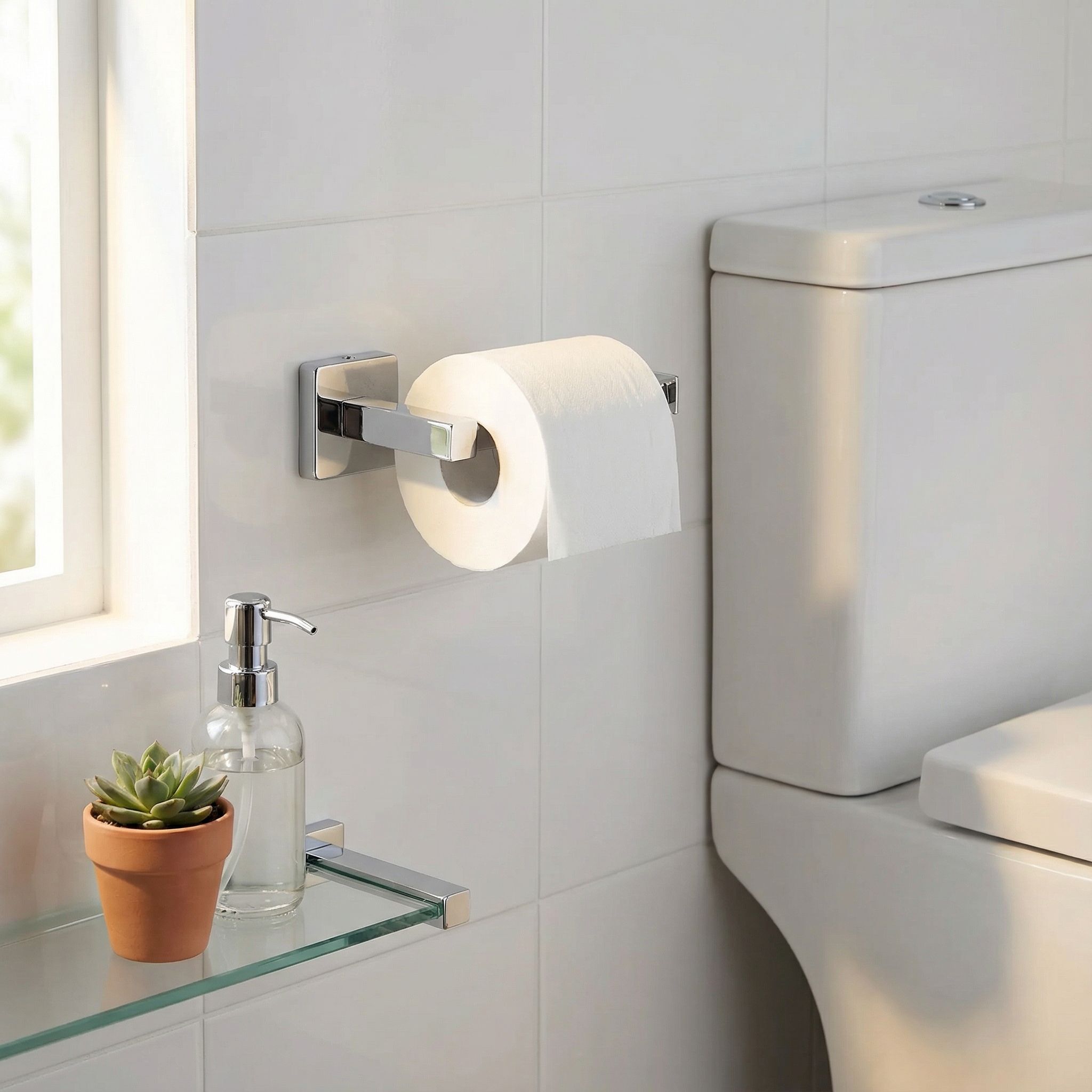 GoodHome Alessano Gloss Silver effect Wall-mounted Toilet roll holder (H)52mm (W)168mm