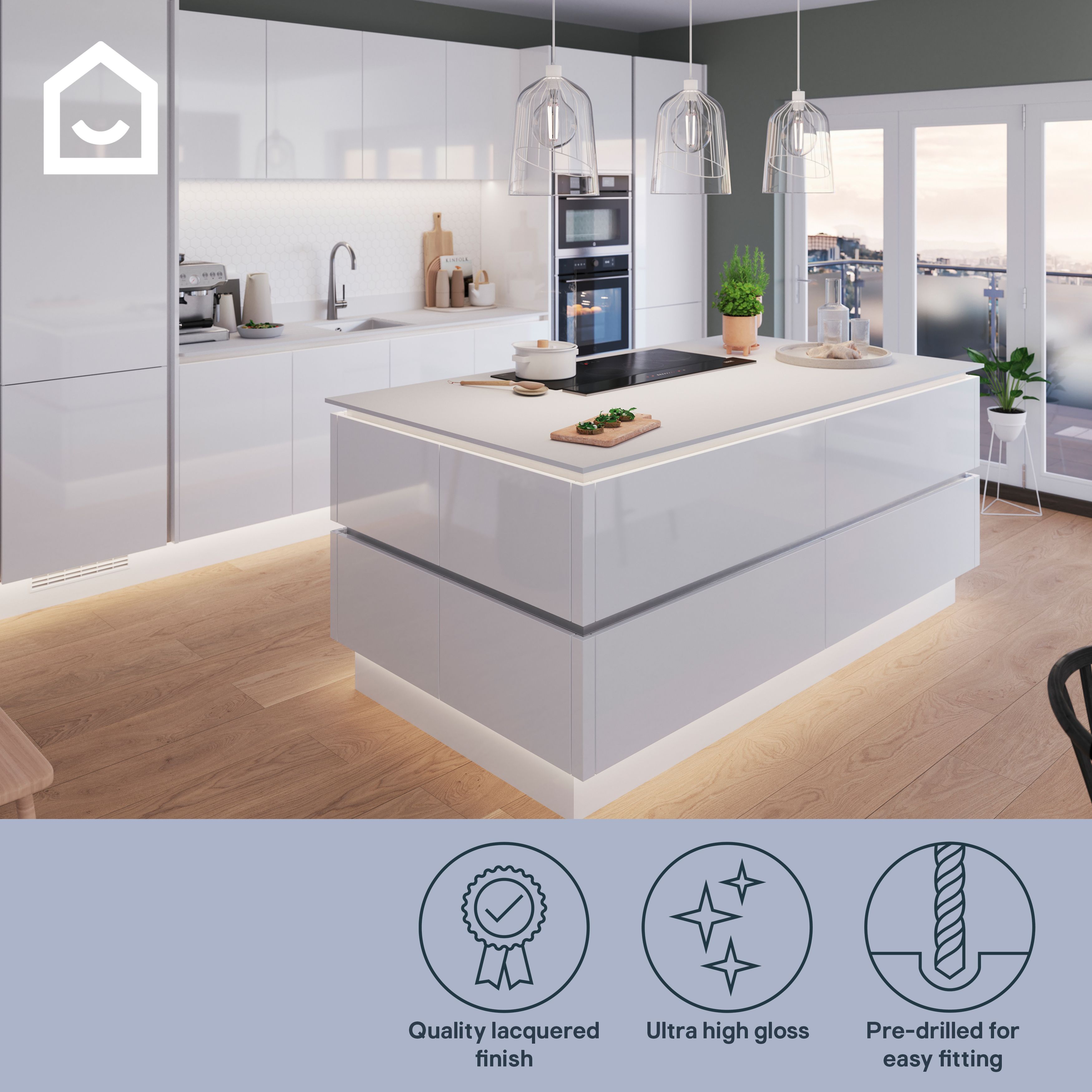 GoodHome Alisma High gloss white Slab 2 drawer front, bridging door & bi-fold door 800mm