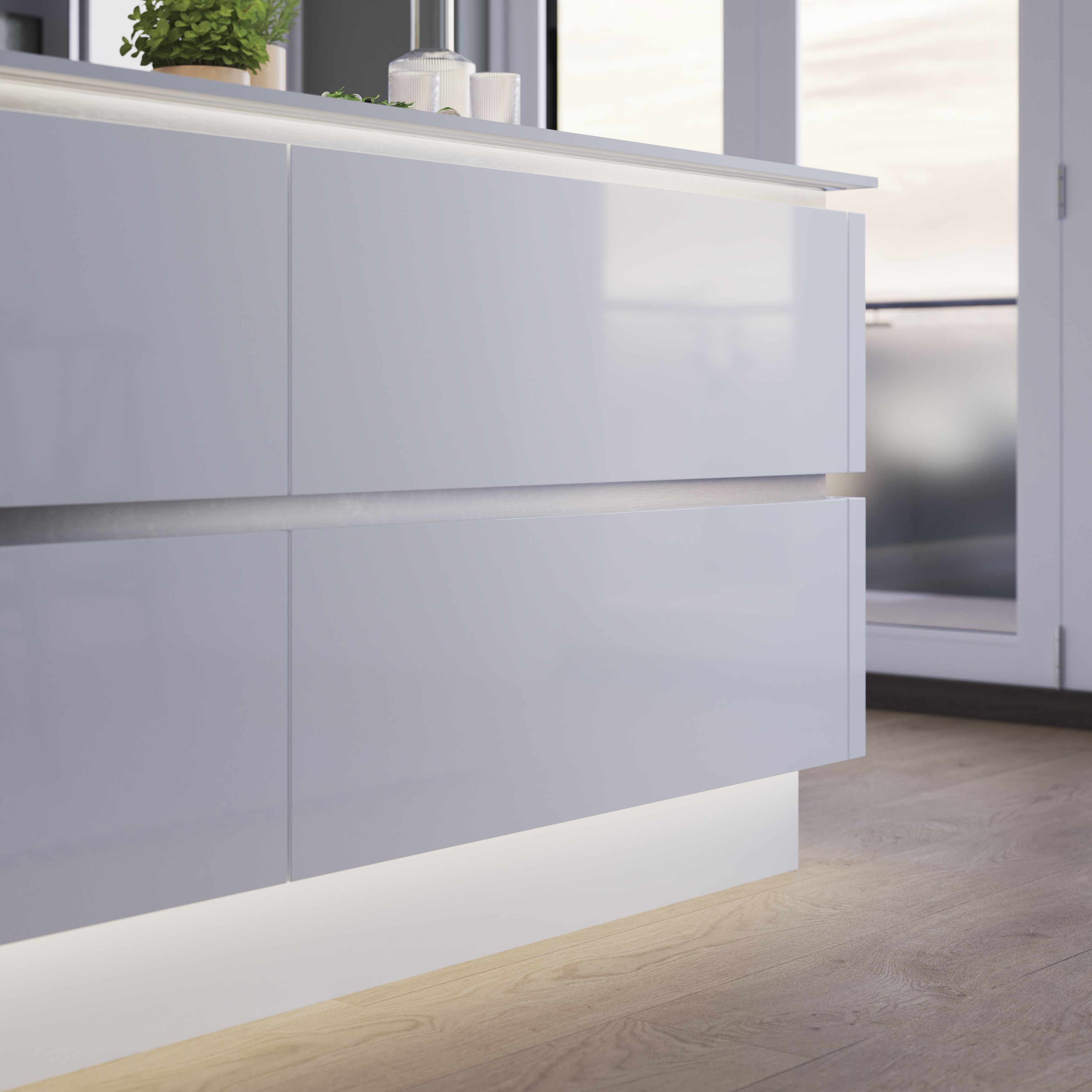 GoodHome Alisma Innovo handleless High gloss white Slab 2 drawer front, bridging door & bi-fold door 1000mm