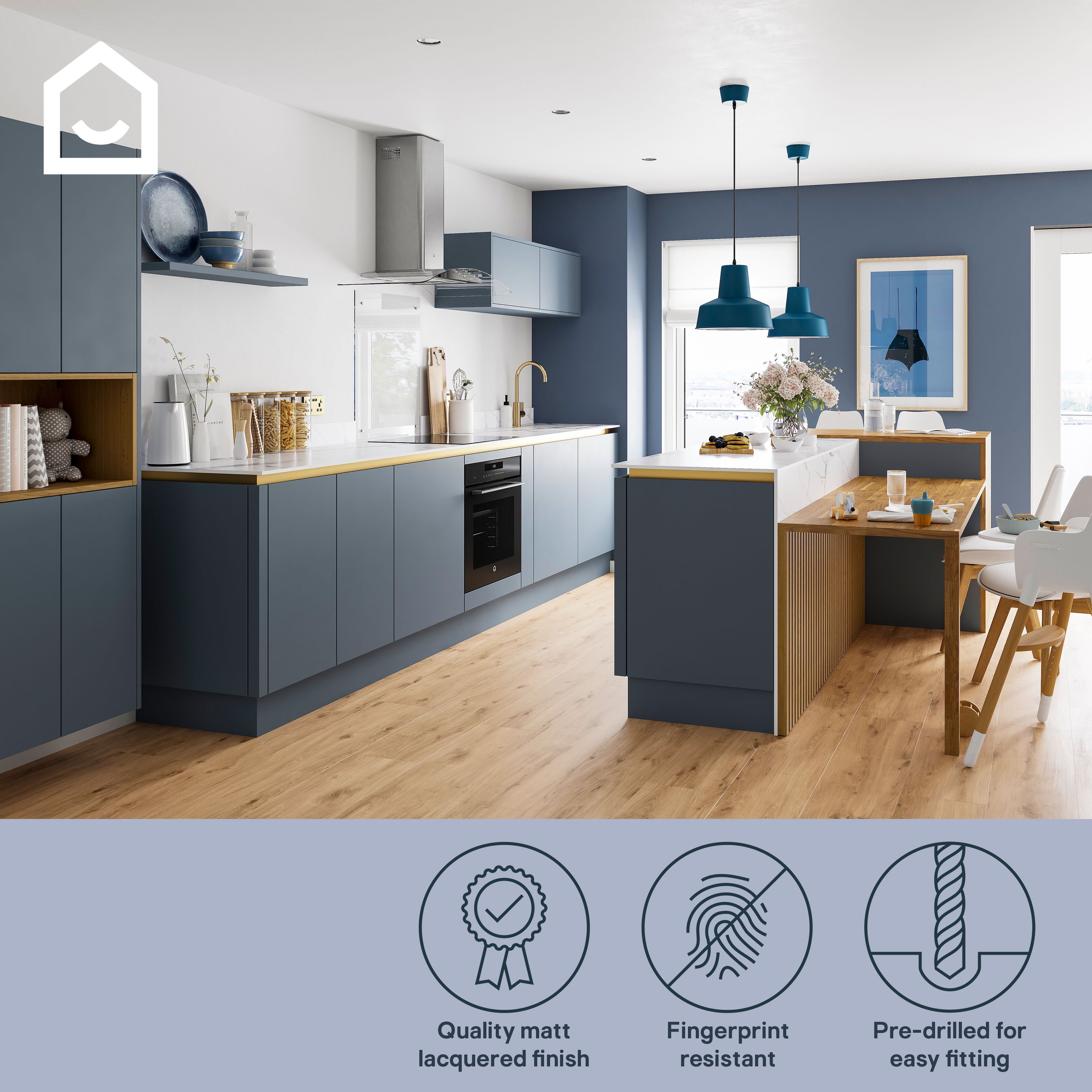 GoodHome Alisma Matt blue Slab 2 drawer front, bridging door & bi-fold door, Pack of 2 (H)340mm (W)597mm (T)18mm