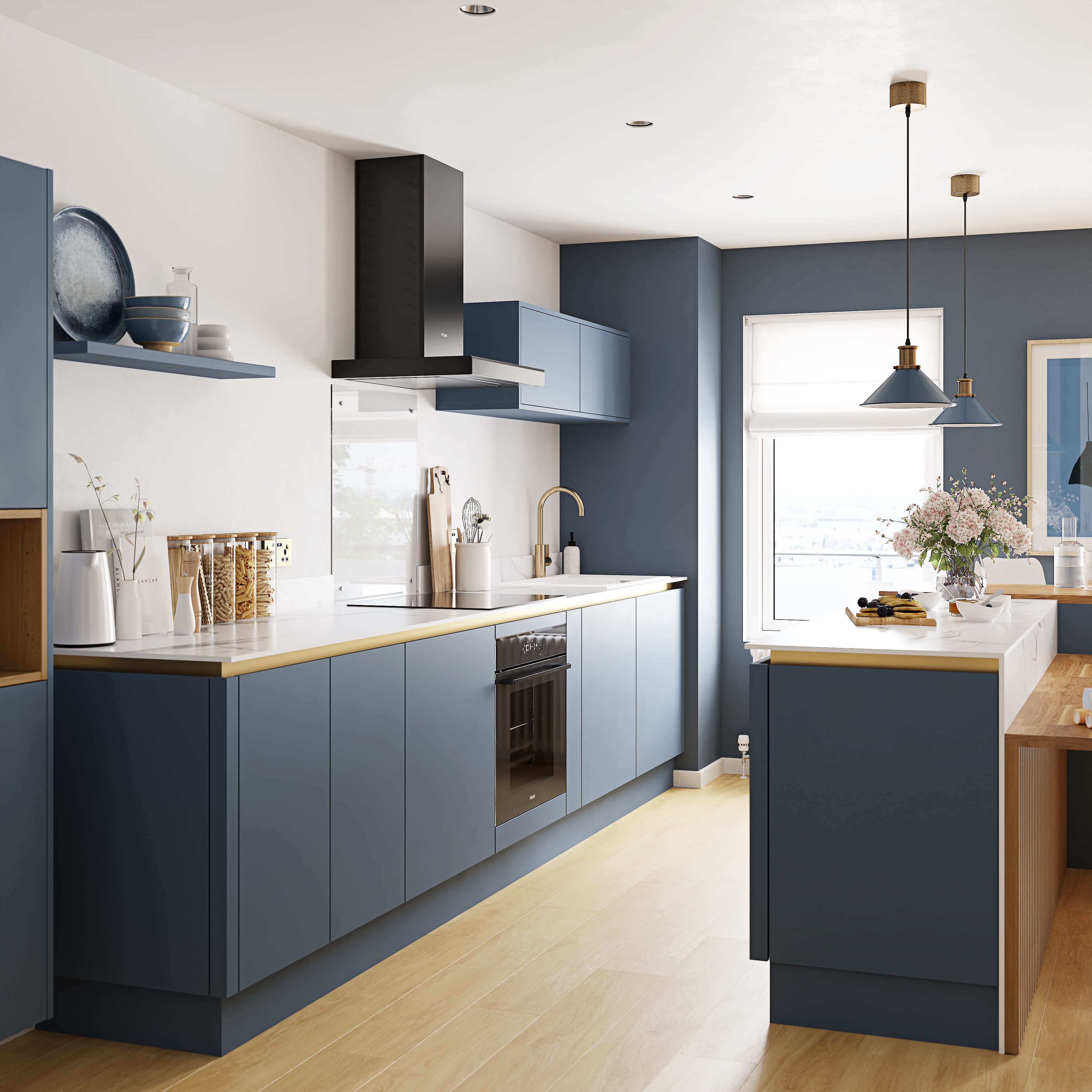 GoodHome Alisma Matt blue slab Highline Cabinet door (W)500mm (H)715mm (T)18mm - 12