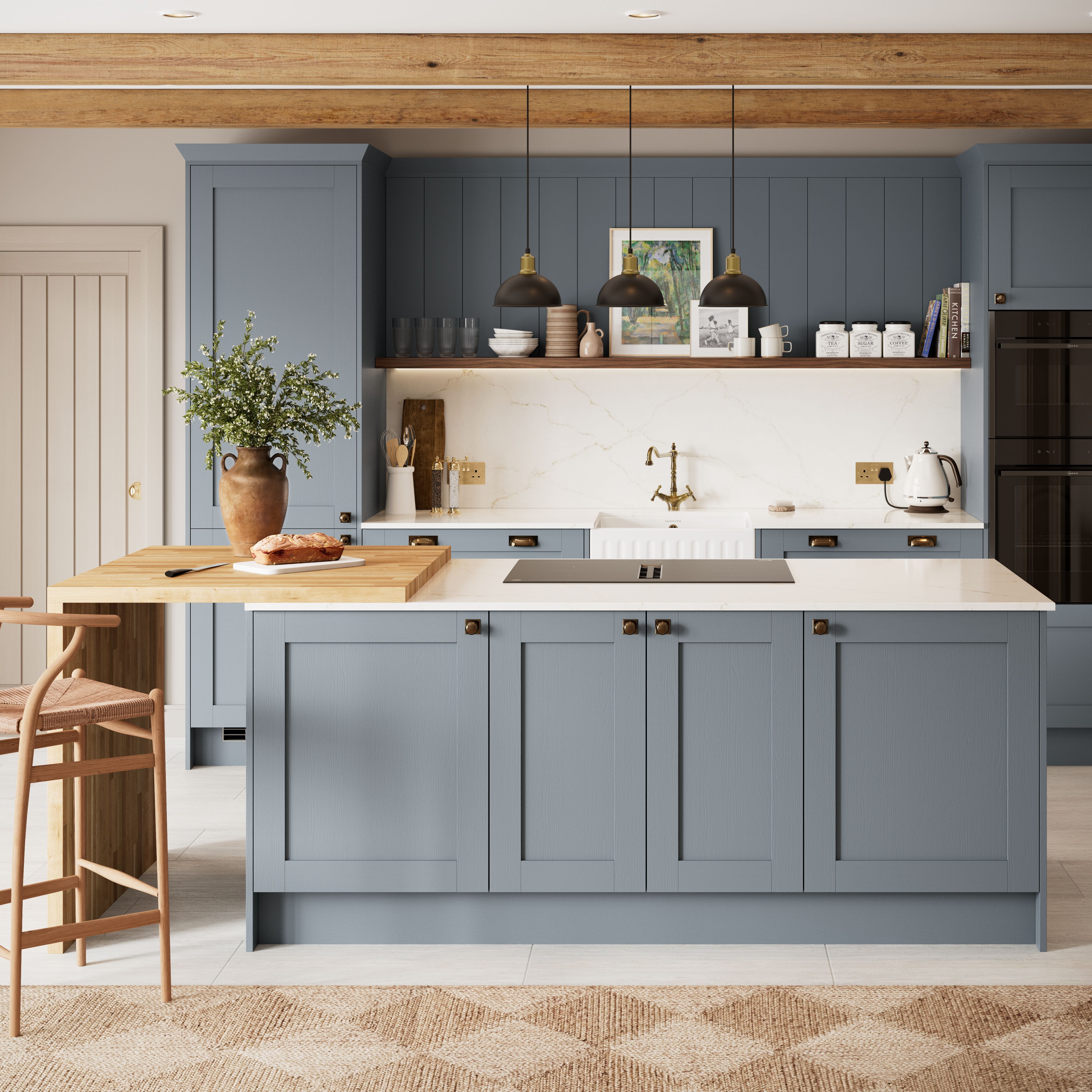 GoodHome Alpinia Matt dusk blue wood effect Shaker Glazed Dresser Cabinet door (W)500mm (H)1425mm (T)18mm