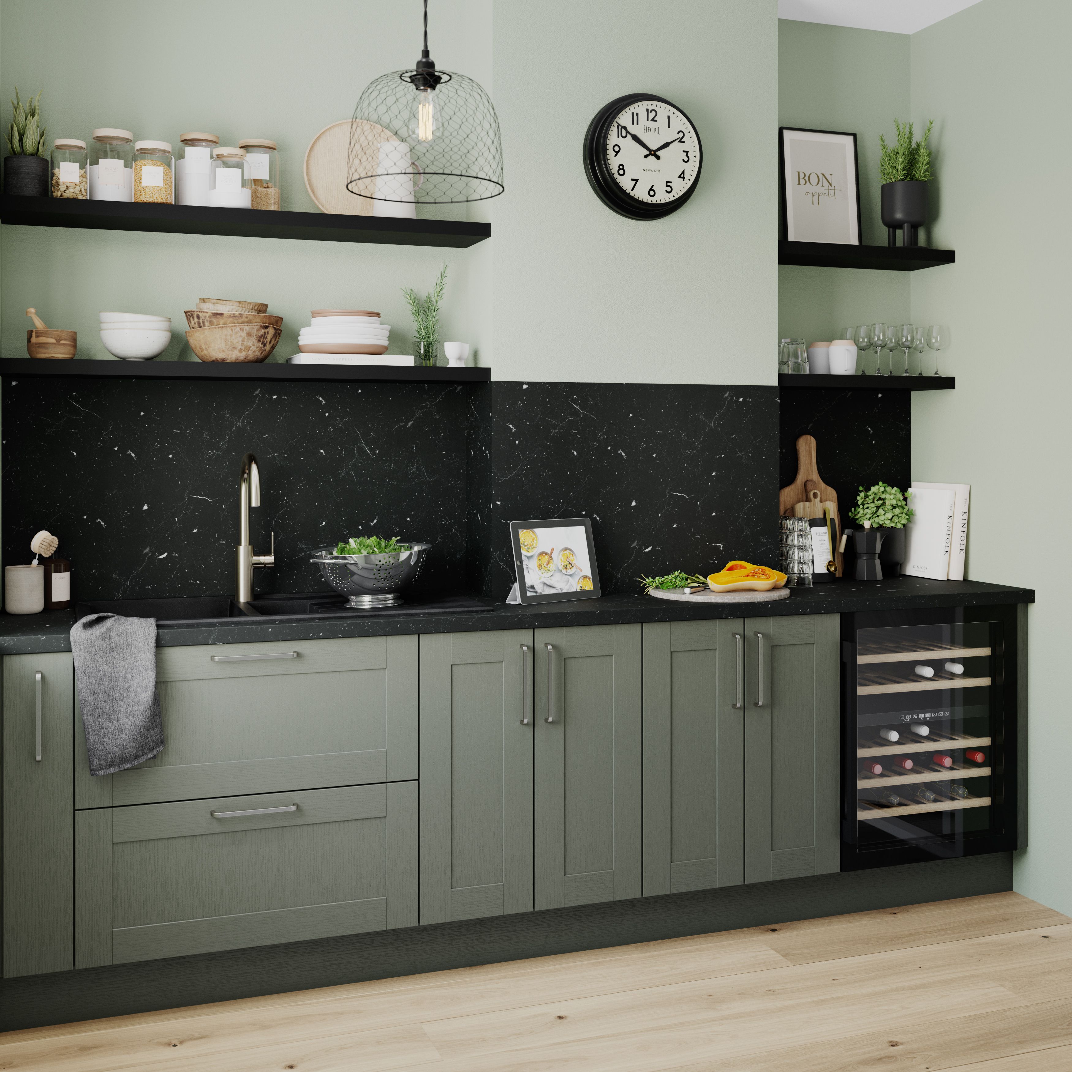 GoodHome Alpinia Matt Green Painted Wood Effect Shaker Base Kitchen cabinet (W)1000mm (H)720mm