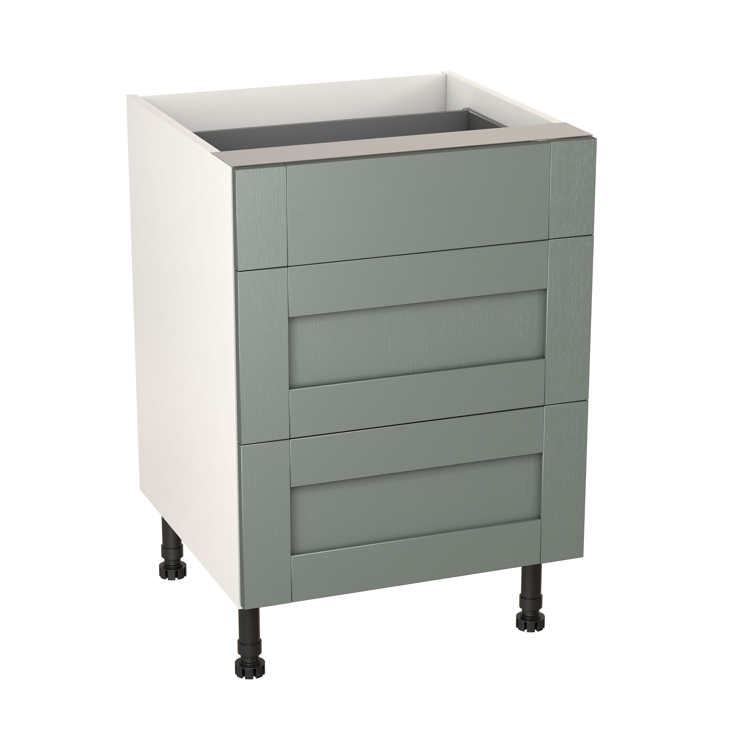 GoodHome Alpinia Matt green wood effect 3 Drawer Set Base Kitchen cabinet (W) 600mm (H)720mm