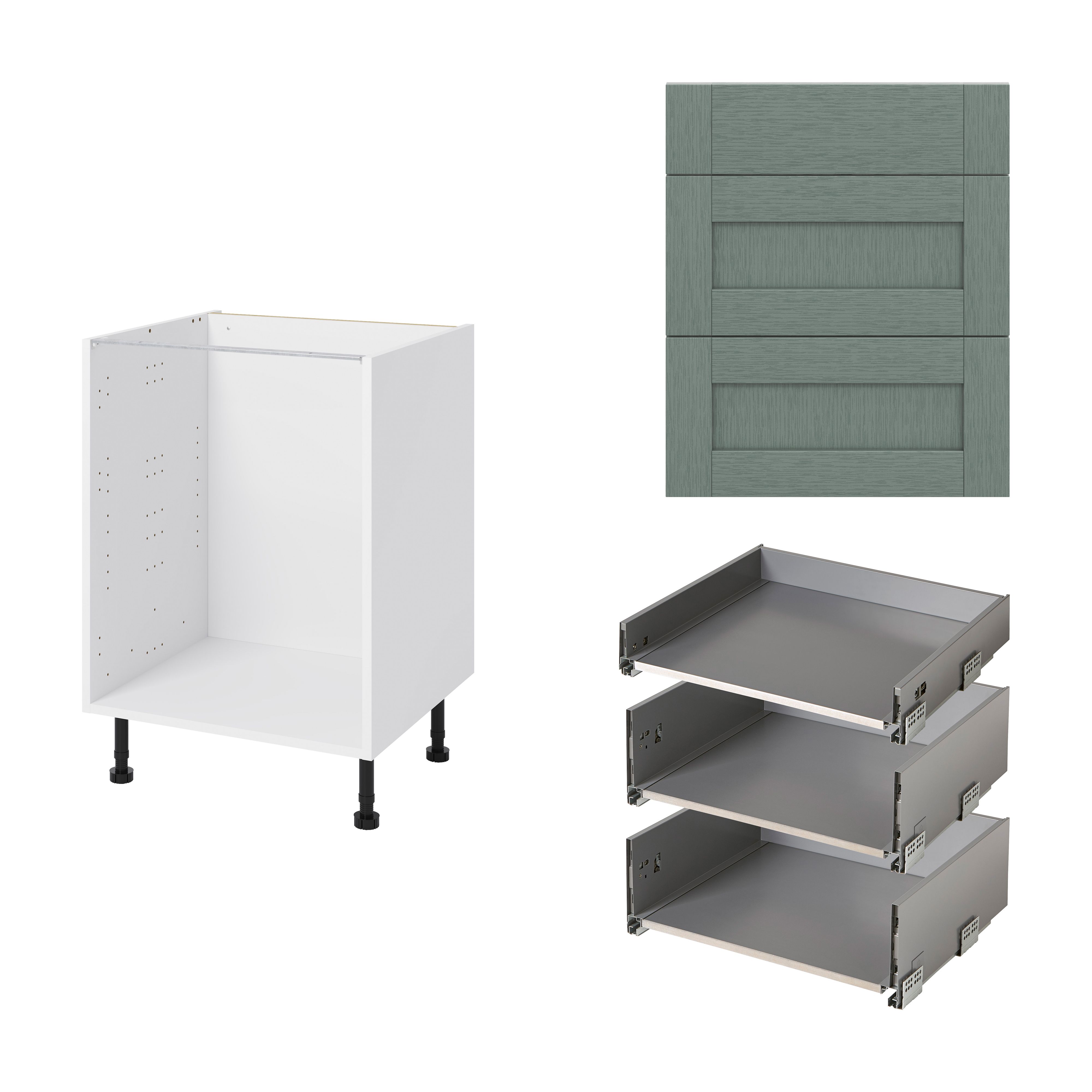 GoodHome Alpinia Matt green wood effect 3 Drawer Set Base Kitchen cabinet (W) 600mm (H)720mm