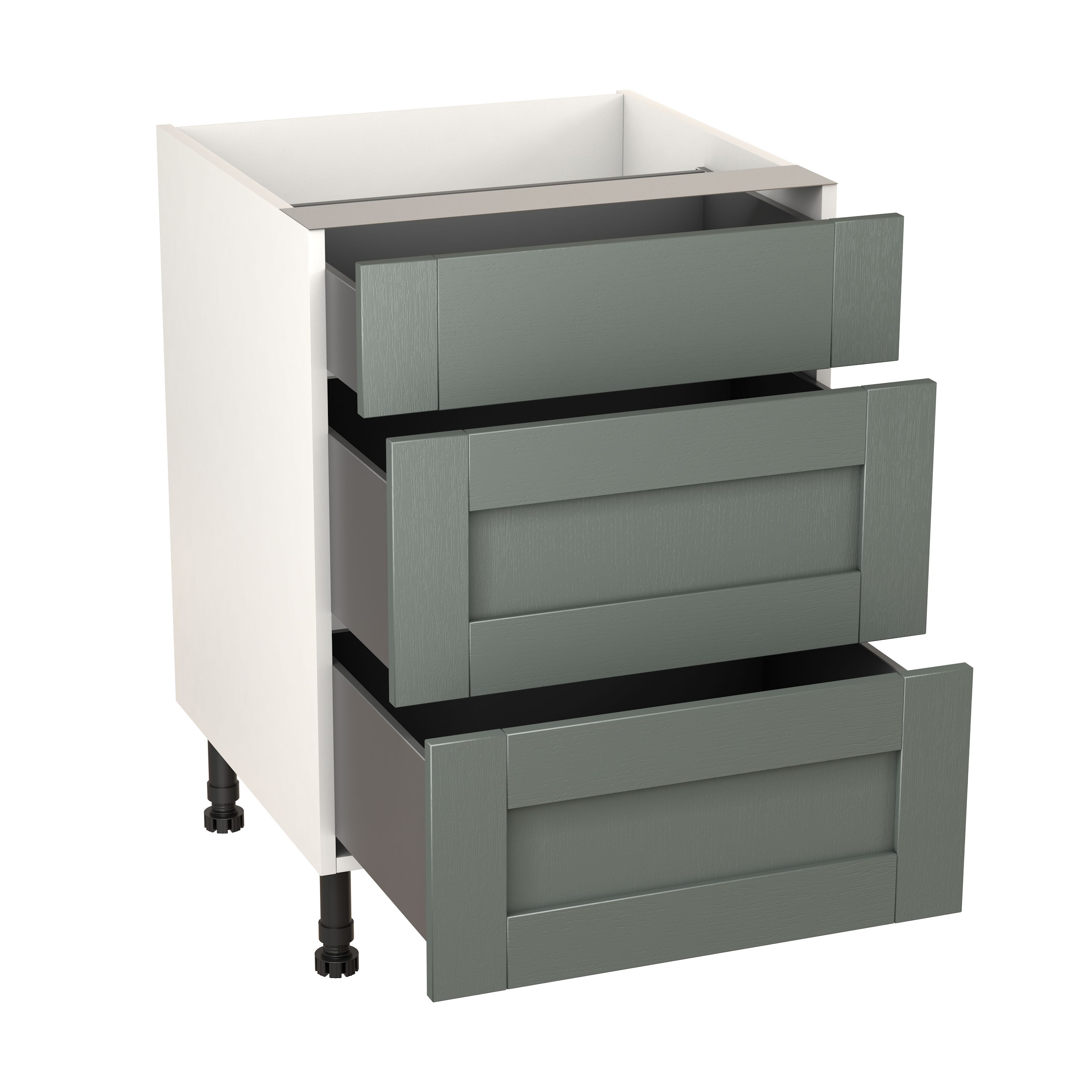 GoodHome Alpinia Matt green wood effect 3 Drawer Set Base Kitchen cabinet (W) 600mm (H)720mm