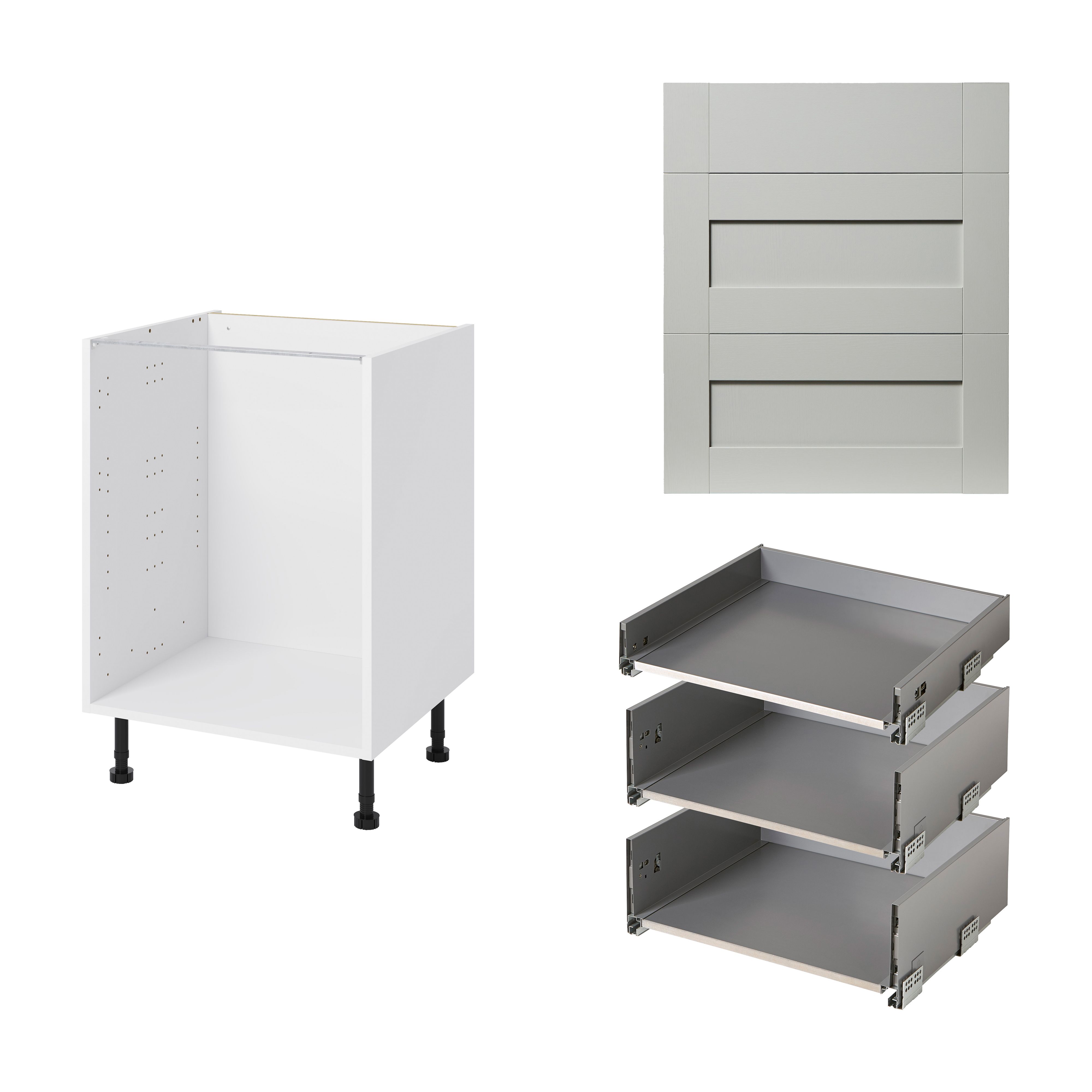 GoodHome Alpinia Matt grey wood effect 3 Drawer Set Base Kitchen cabinet (W) 600mm (H)720mm