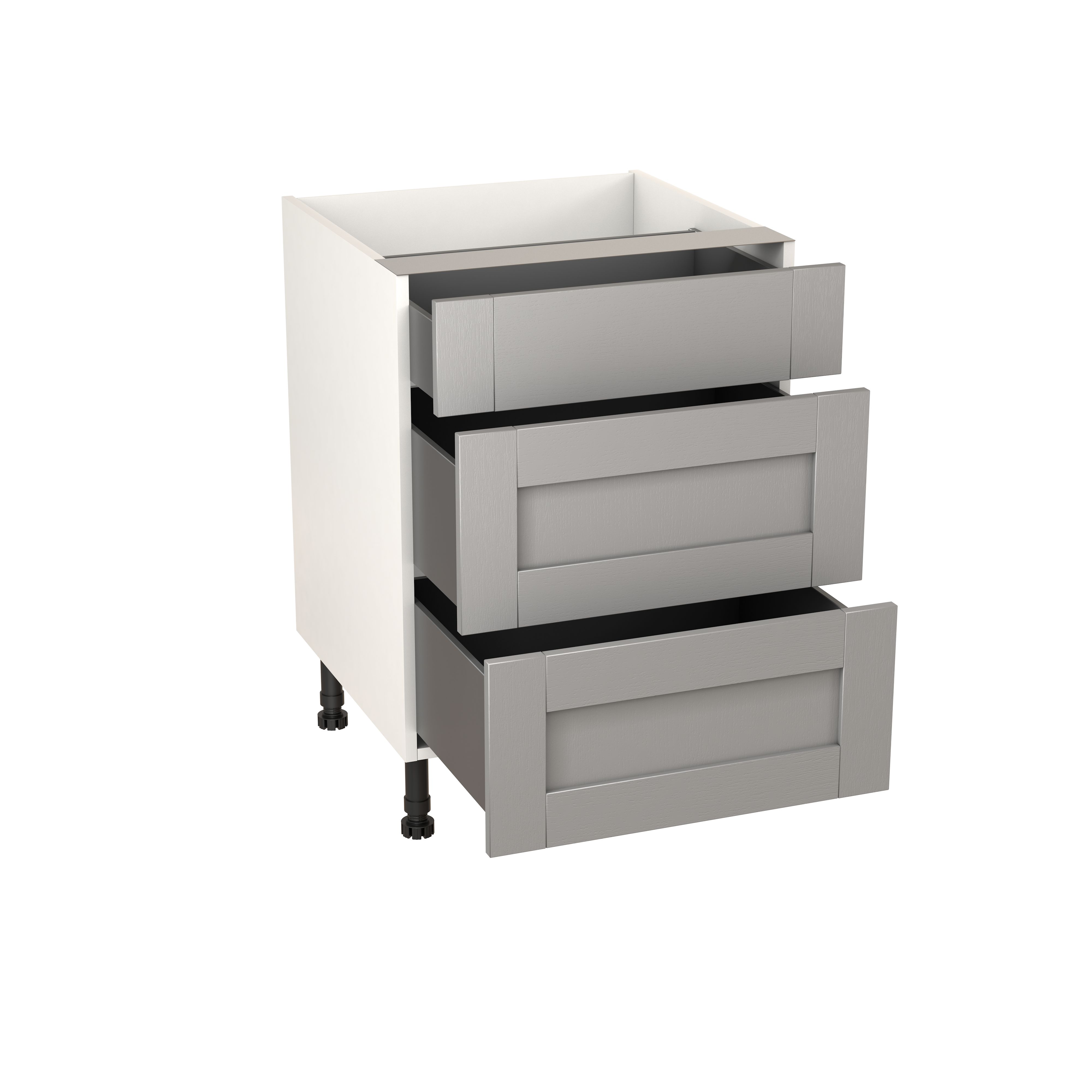 GoodHome Alpinia Matt grey wood effect 3 Drawer Set Base Kitchen cabinet (W) 600mm (H)720mm