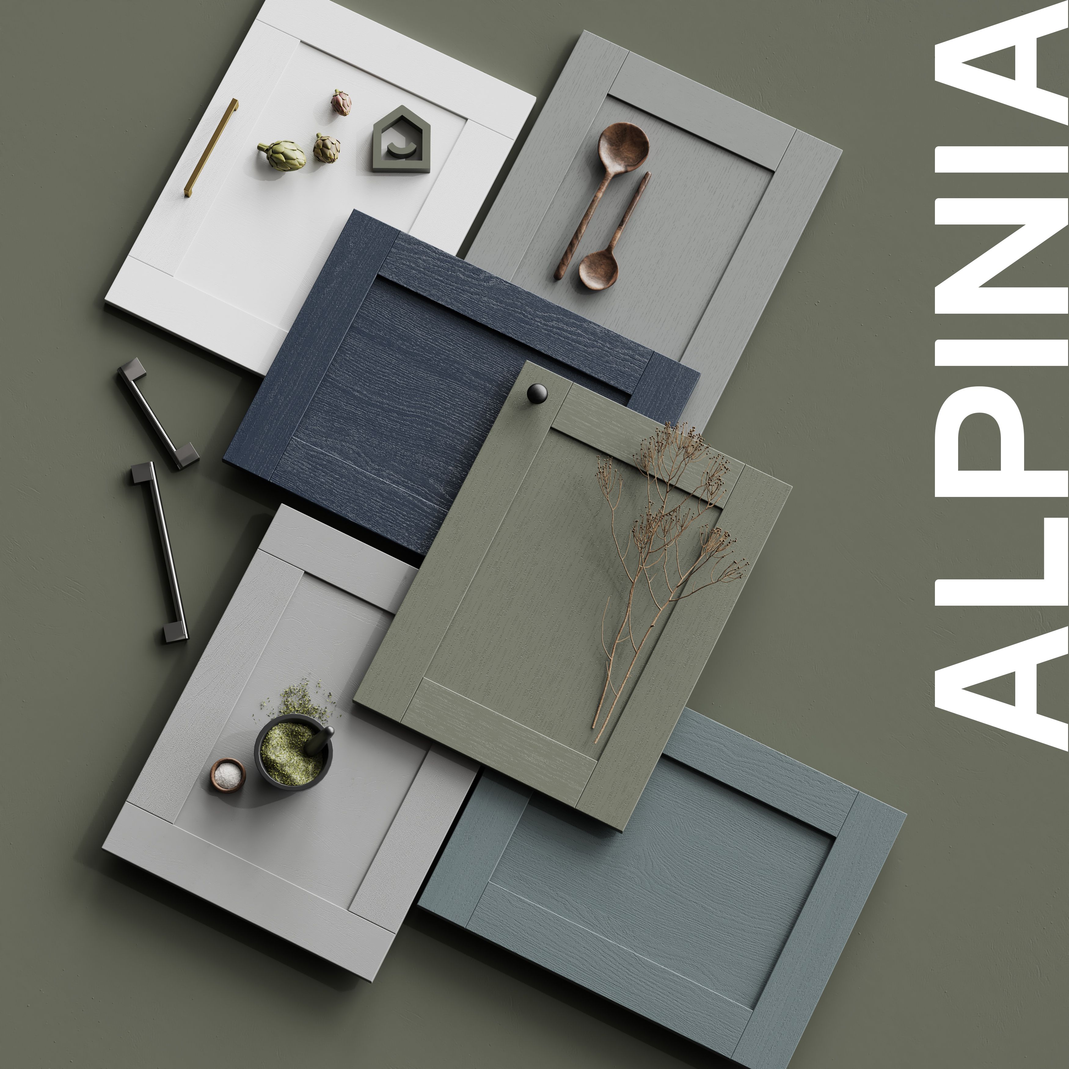 GoodHome Alpinia Matt grey wood effect Shaker 2 drawer front, bridging door & bi-fold door 800mm