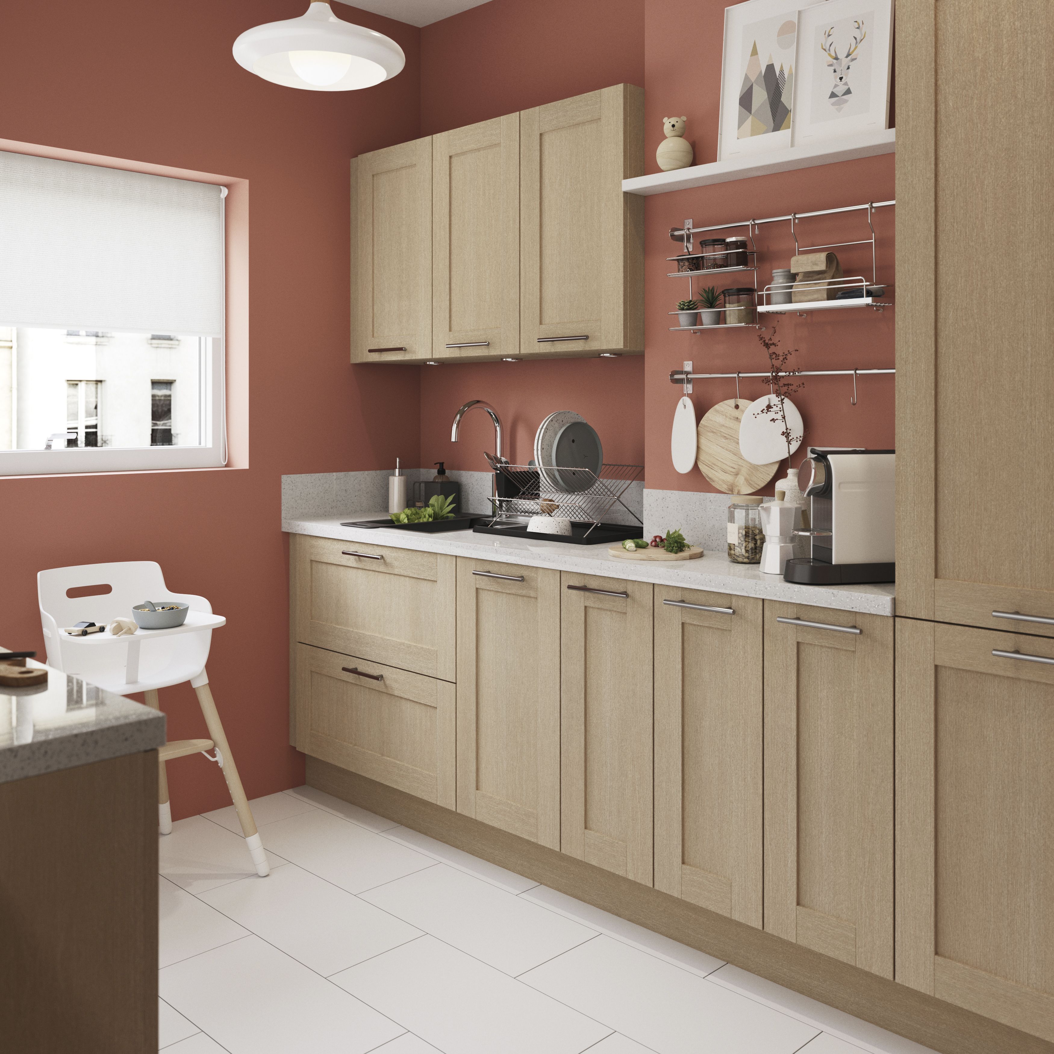 GoodHome Alpinia Matt light oak effect Shaker 2 drawer front, bridging door & bi-fold door 1000mm