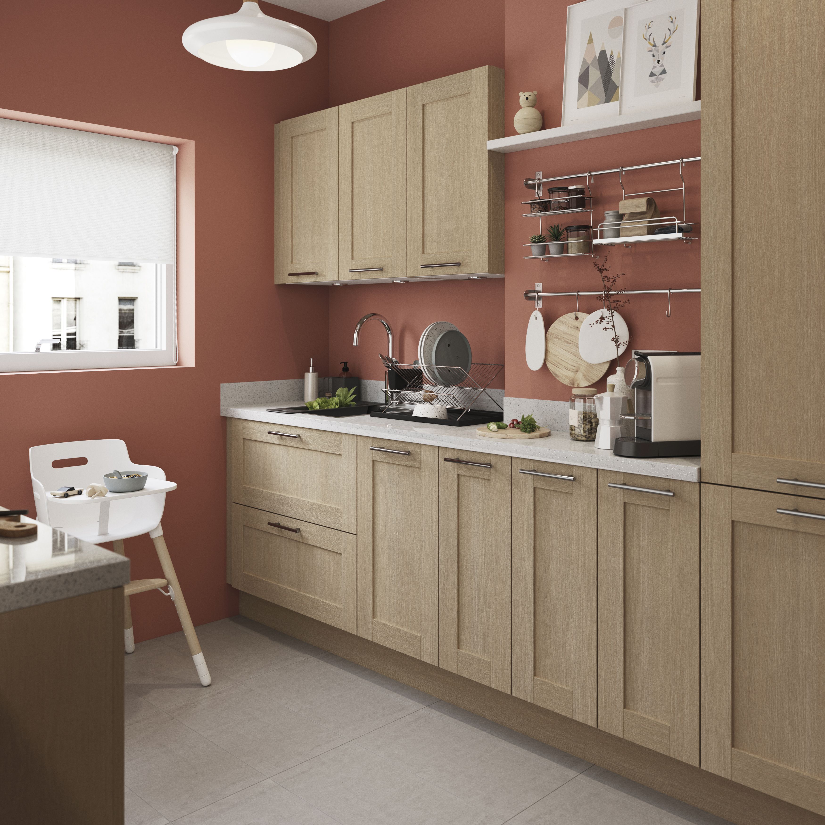 GoodHome Alpinia Matt light oak effect Shaker 2 drawer front, bridging door & bi-fold door 1000mm
