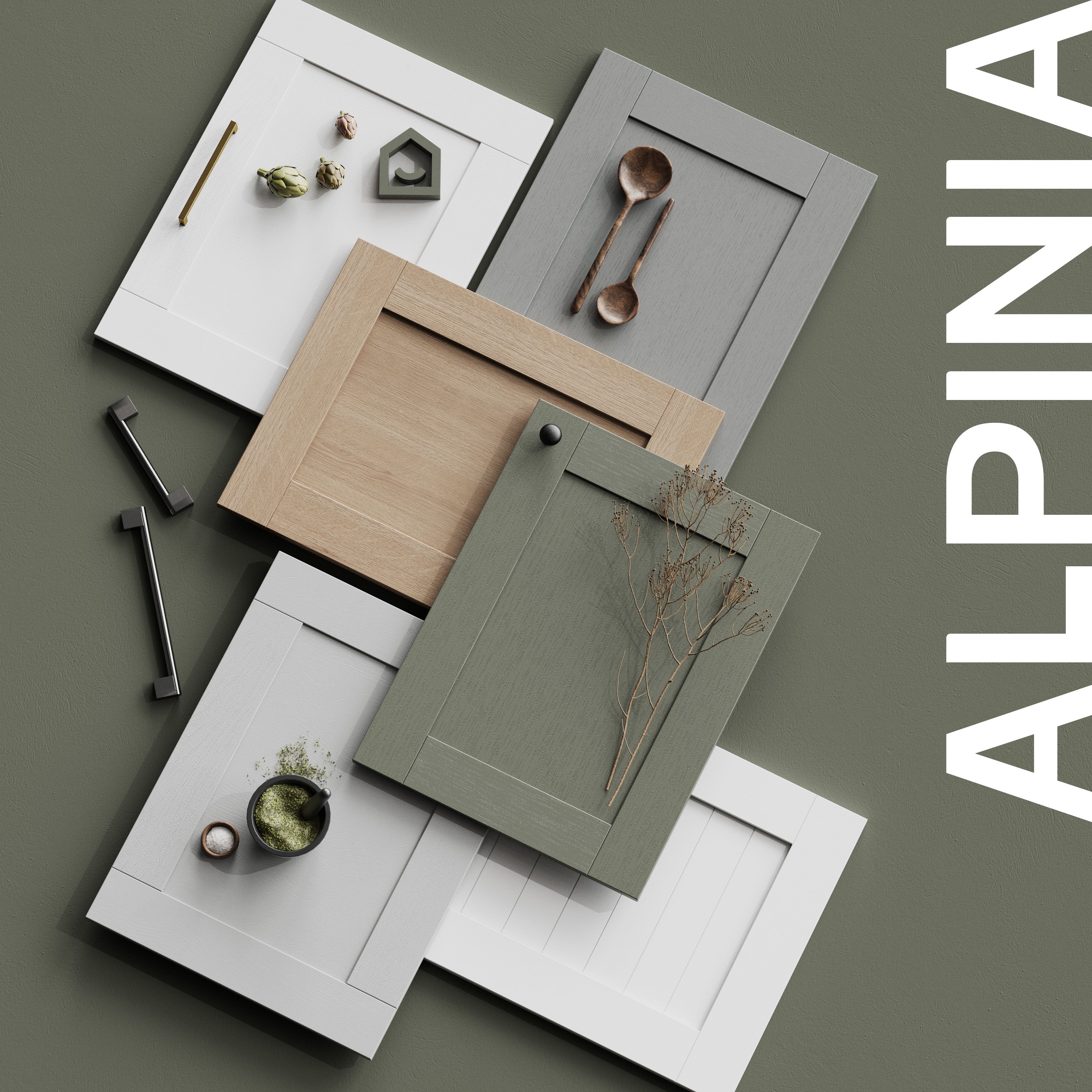 GoodHome Alpinia Matt reed green wood effect Shaker 2 drawer front, bridging door & bi-fold door 800mm