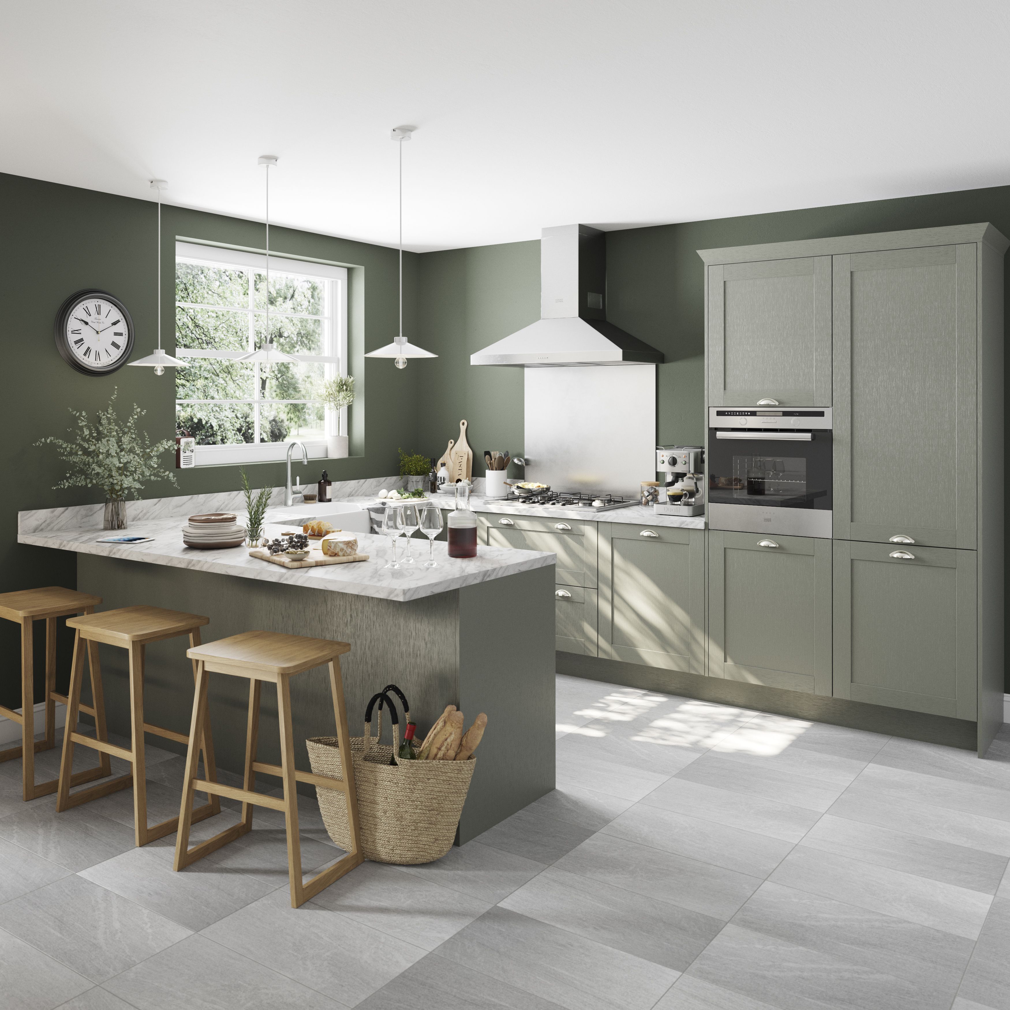 GoodHome Alpinia Matt reed green wood effect Shaker Glazed Tall glazed Cabinet door (W)300mm (H)895mm (T)18mm
