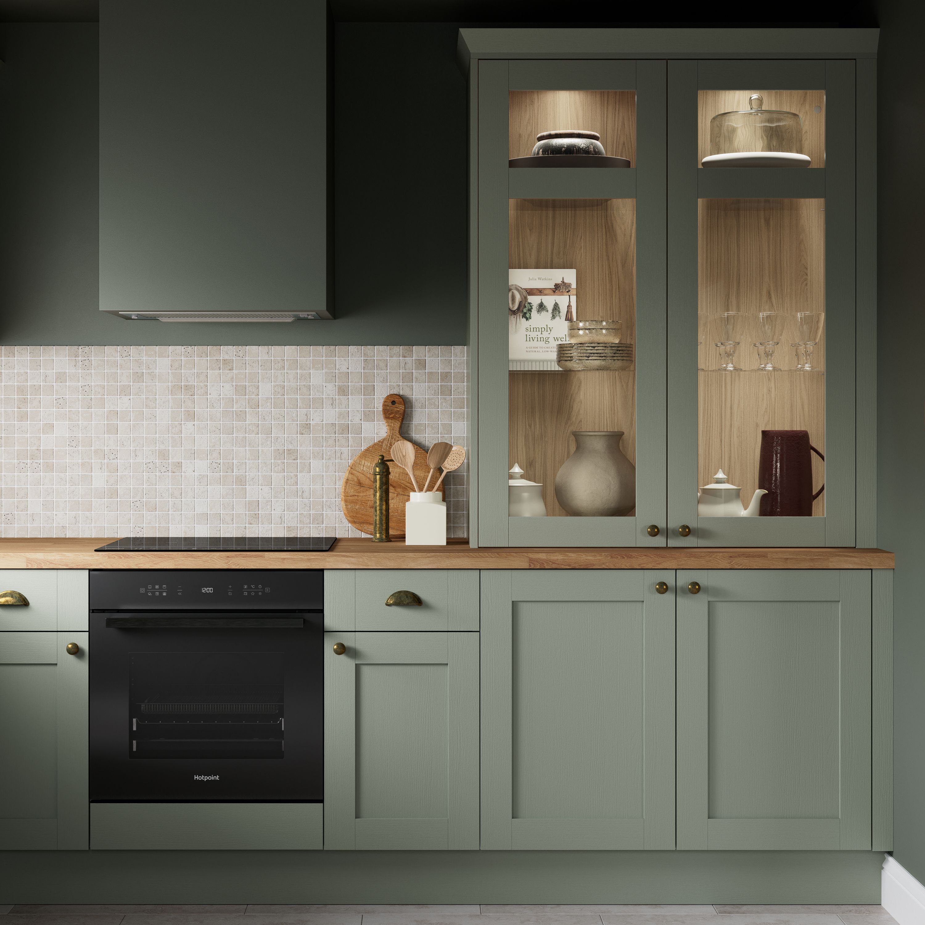 GoodHome Alpinia Matt reed green wood effect Shaker Highline Cabinet door (W)600mm (H)715mm (T)18mm