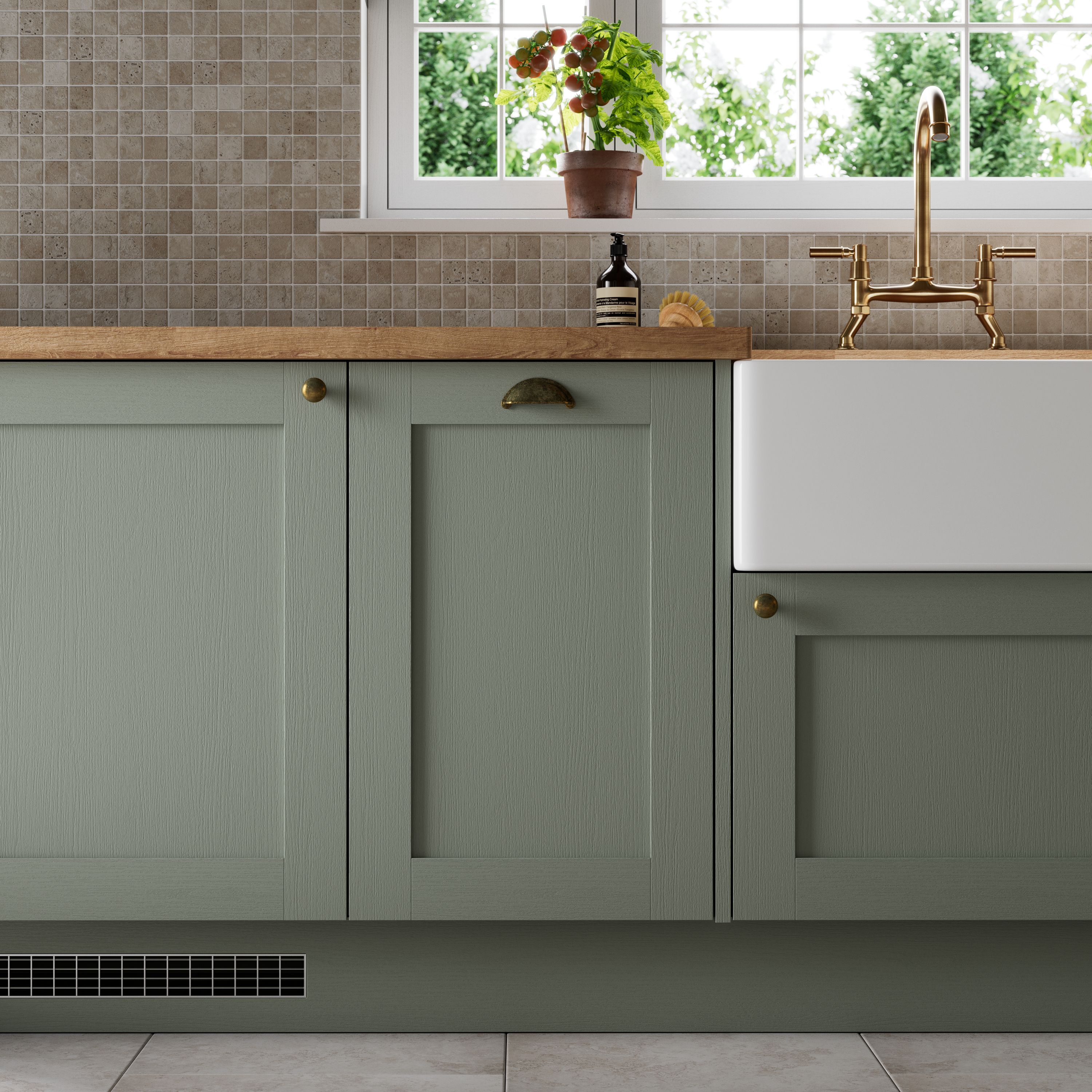 GoodHome Alpinia Matt reed green wood effect Shaker Highline Cabinet door (W)600mm (H)715mm (T)18mm