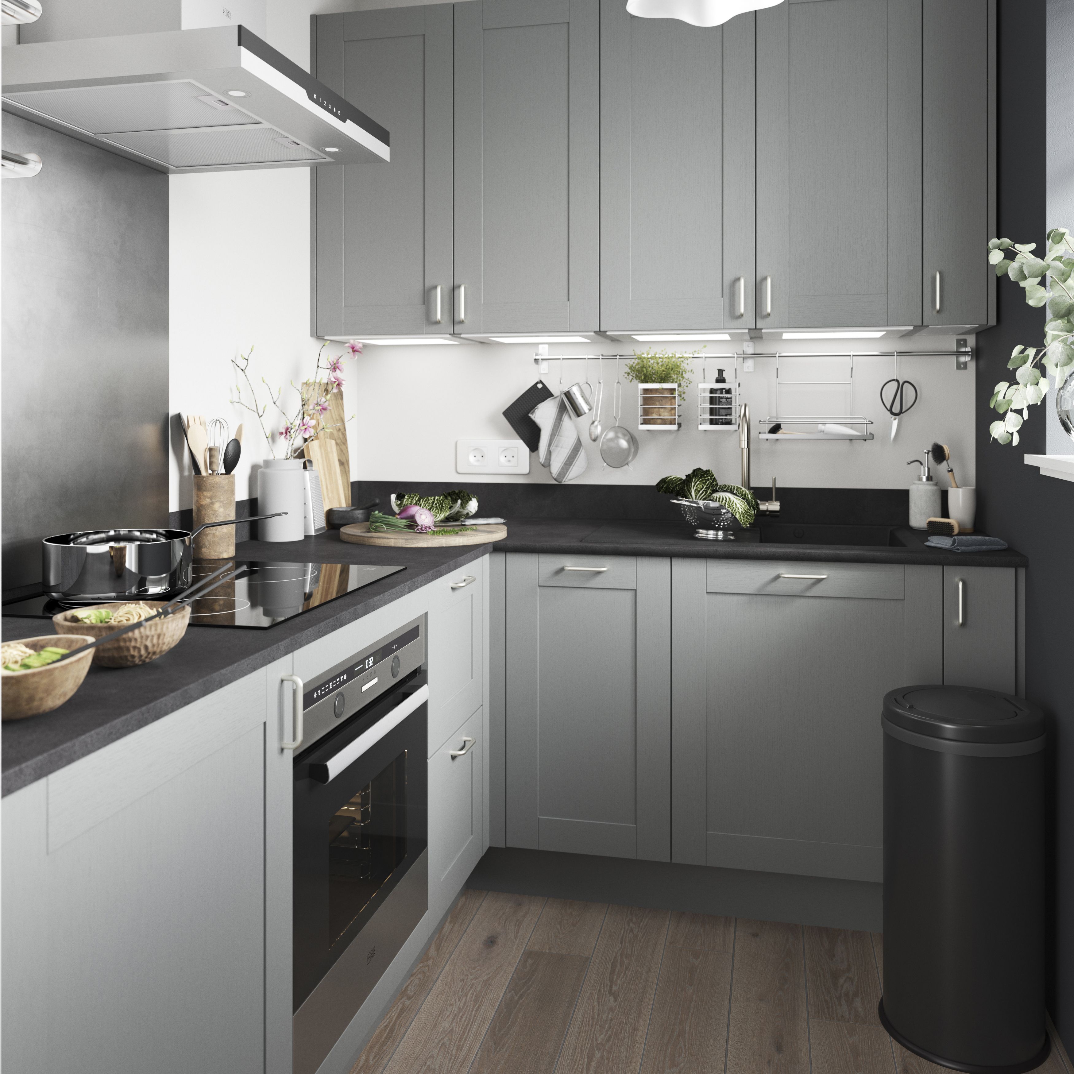 GoodHome Alpinia Matt slate grey wood effect Shaker 2 drawer front, bridging door & bi-fold door 1000mm