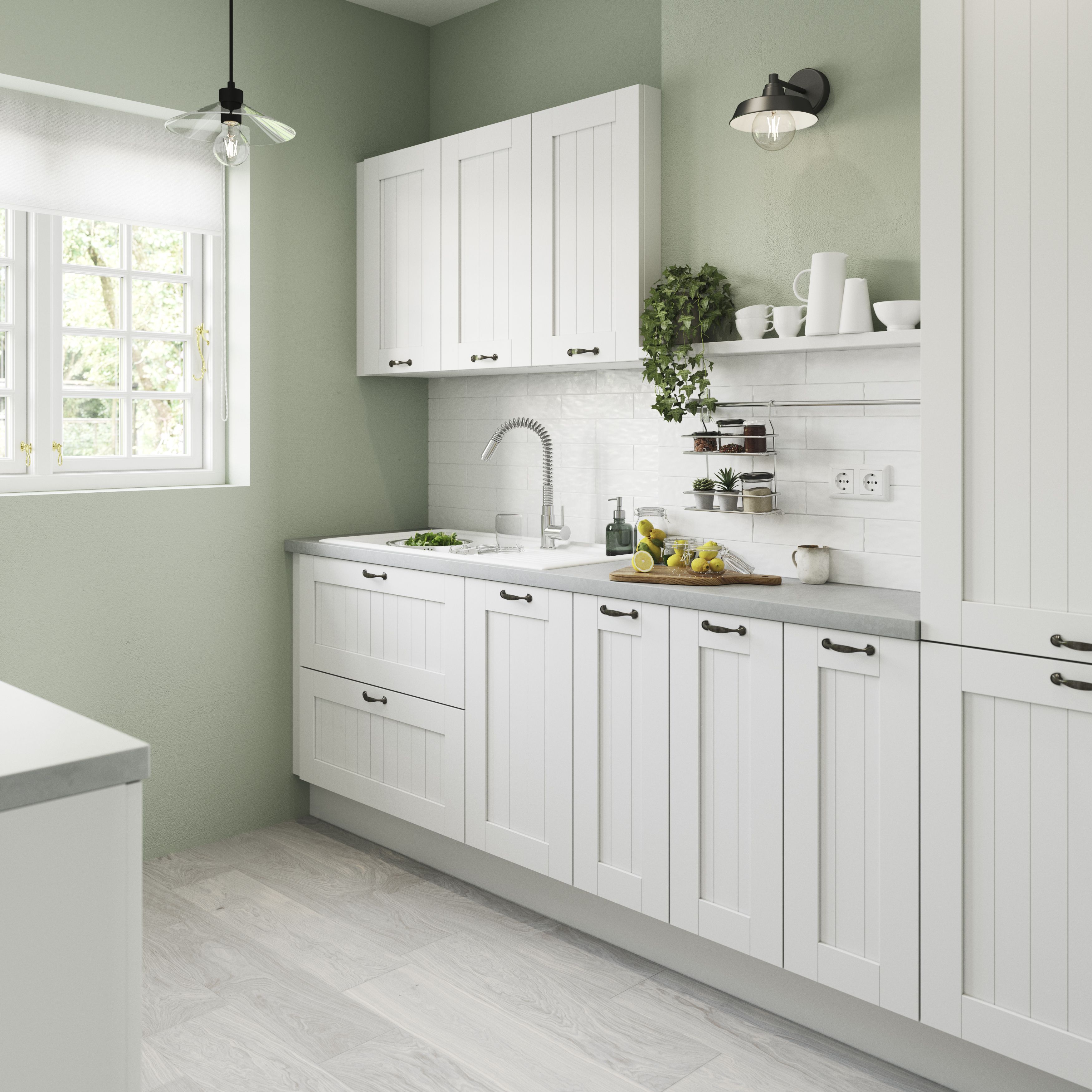 GoodHome Alpinia Tongue & groove Matt white Shaker 2 drawer front, bridging door & bi-fold door 800mm
