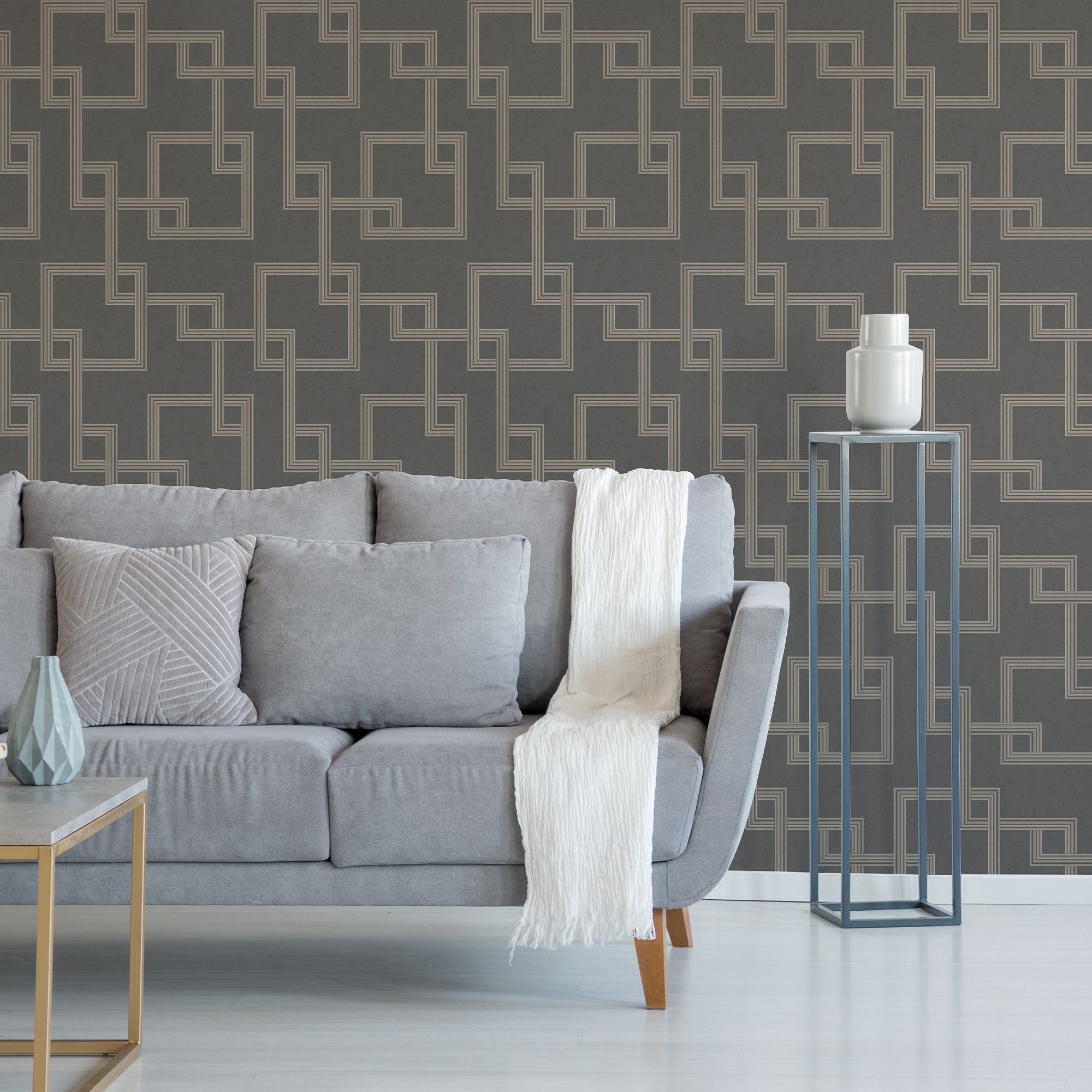 GoodHome Amfi Grey Metallic effect Geometric Textured Wallpaper