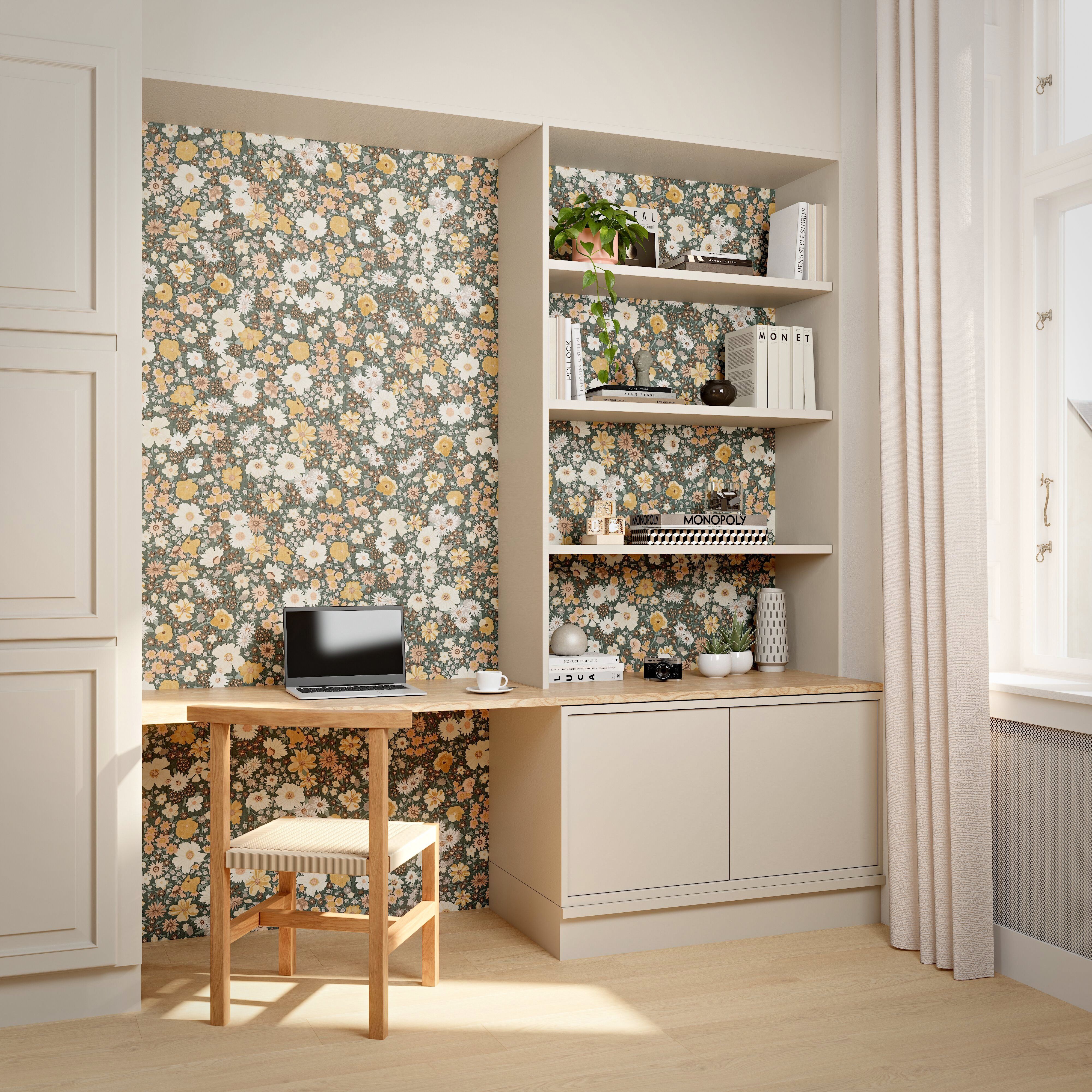 GoodHome Amity Green & Multicolour Floral Patterned Embossed Wallpaper