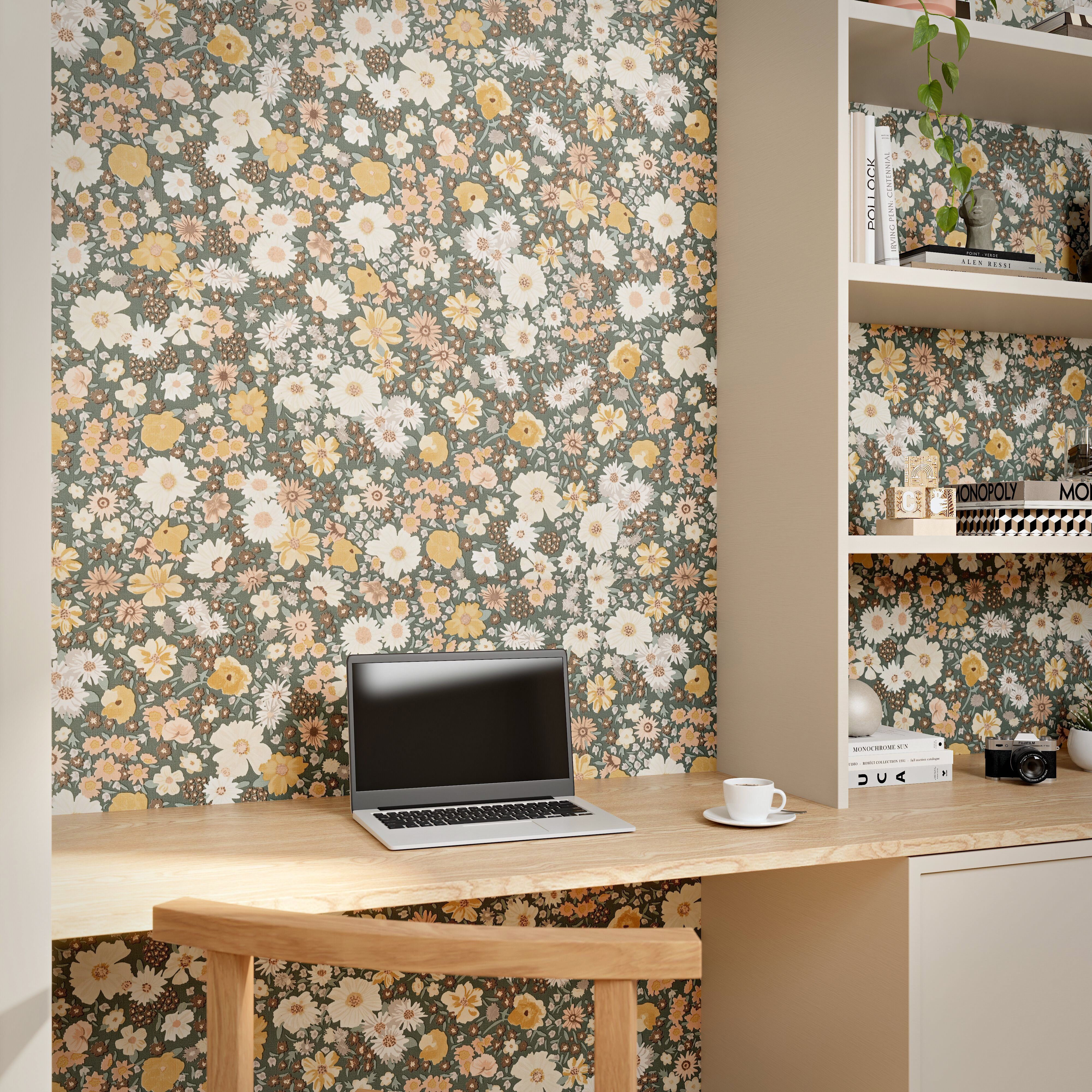 GoodHome Amity Green & Multicolour Floral Patterned Embossed Wallpaper