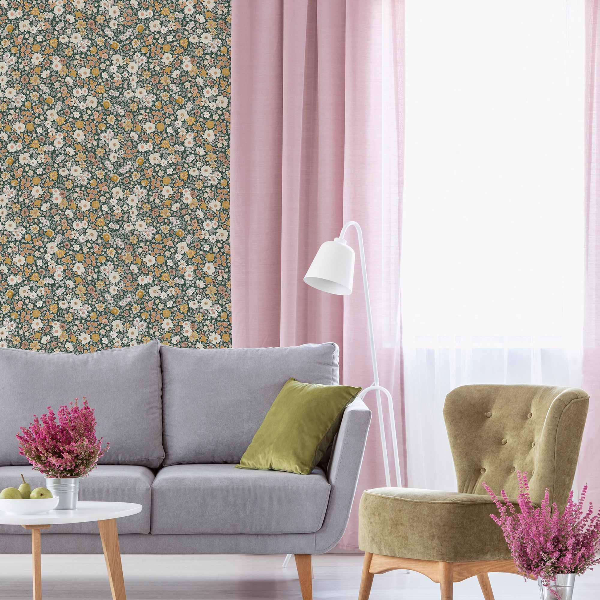 GoodHome Amity Green & Multicolour Floral Patterned Embossed Wallpaper