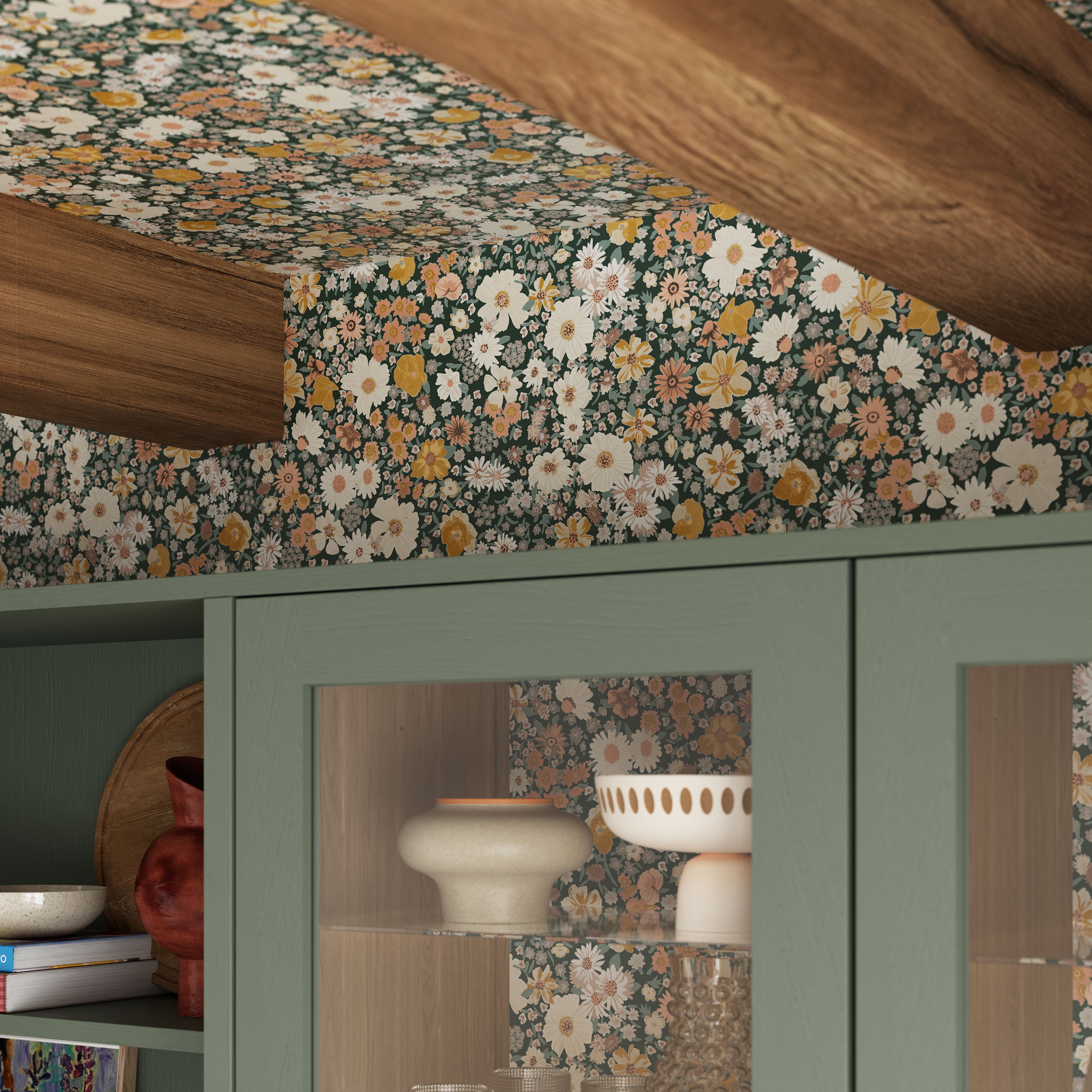 GoodHome Amity Green & Multicolour Floral Patterned Embossed Wallpaper