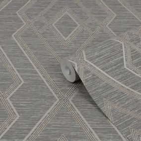 GoodHome Andal Grey Geometric Metallic effect Textured Wallpaper