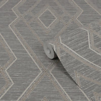 GoodHome Andal Grey Metallic effect Geometric Textured Wallpaper