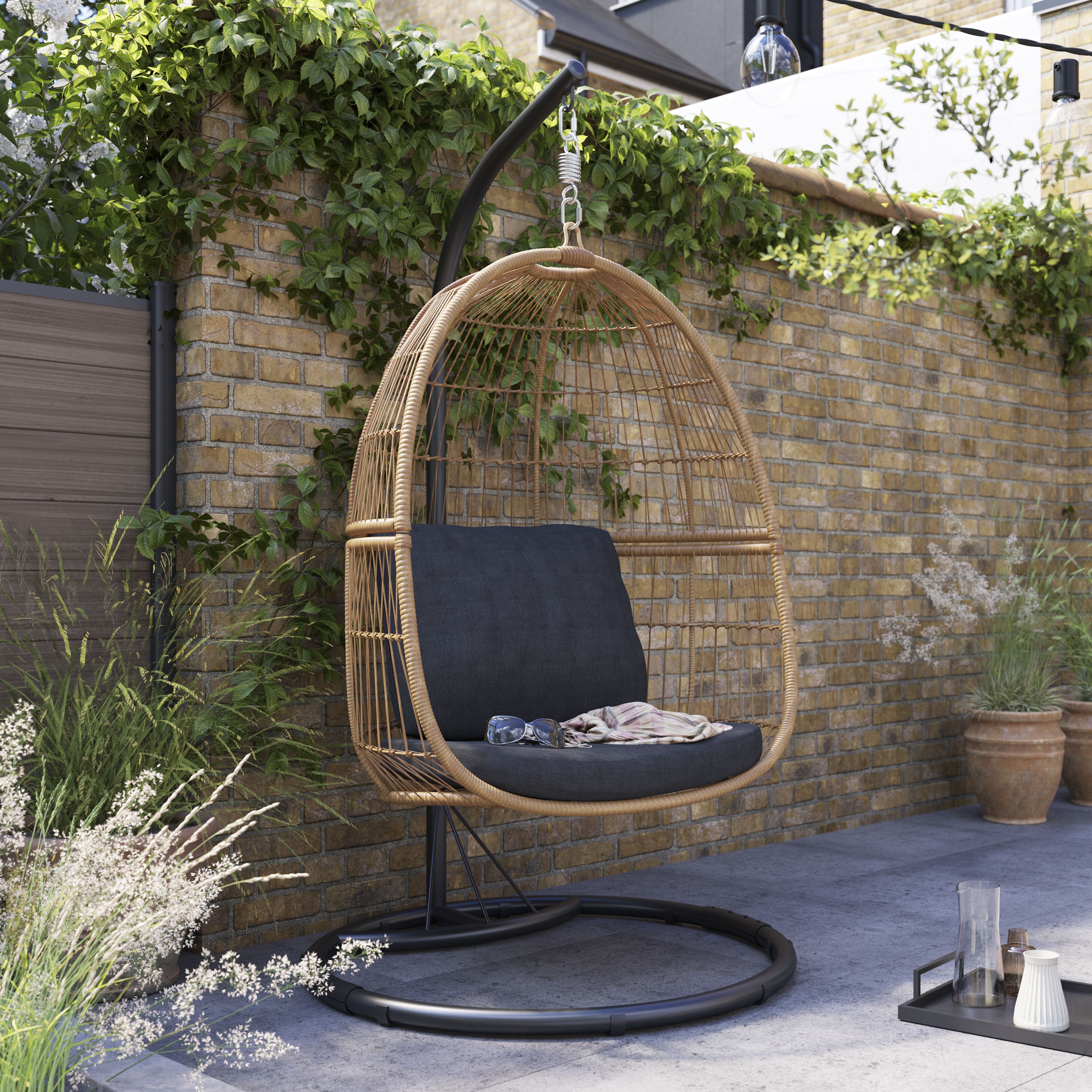 GoodHome Apolima Brown ebony black Rattan effect Hanging egg